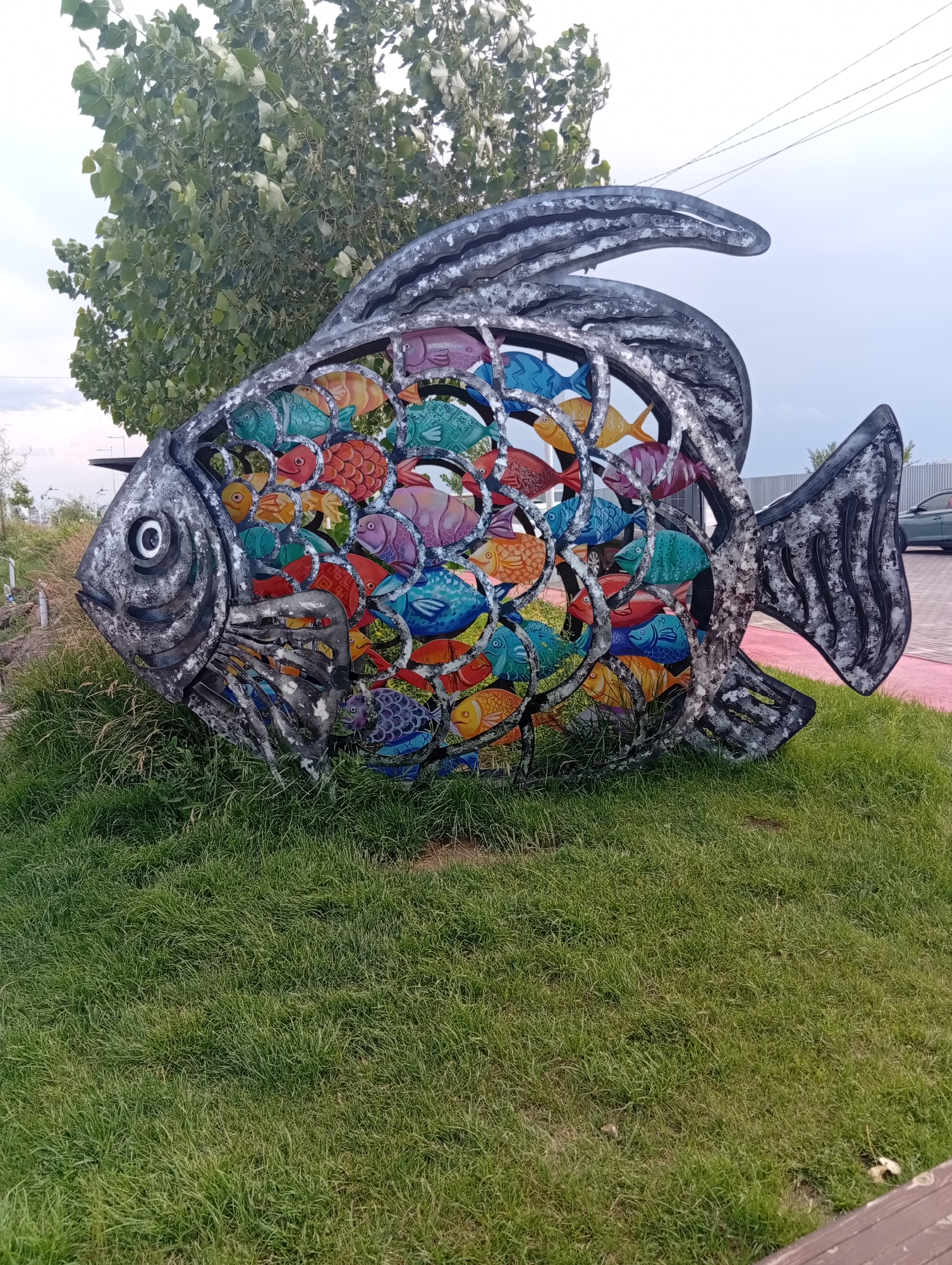 An outdoor, eye-level, full shot shows a large, metallic sculpture of a fish, its body filled with smaller, colorful fish sculptures, sitting on a grassy incline. The large fish is gray with black detailing and a white eye. The smaller fish inside are a variety of colors including red, orange, yellow, green, blue, and purple. Behind the sculpture, a large green tree with thin leaves is visible. The sky is overcast and light blue. To the right of the sculpture, a grey car is parked on a paved surface with a pink strip. The ground is covered in short, green grass. The location is unknown.