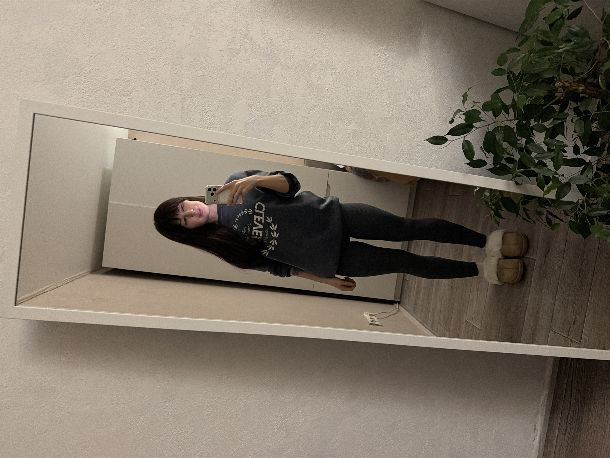 A woman is visible in a mirror, taking a selfie with her mobile phone. She is wearing a gray sweatshirt, black leggings, and slippers. A houseplant is positioned in the upper right corner of the mirror's reflection. The background shows an interior space with light-colored walls, a white closet, and a wooden floor. The location is Perm, Russia, based on the sweatshirt's design.