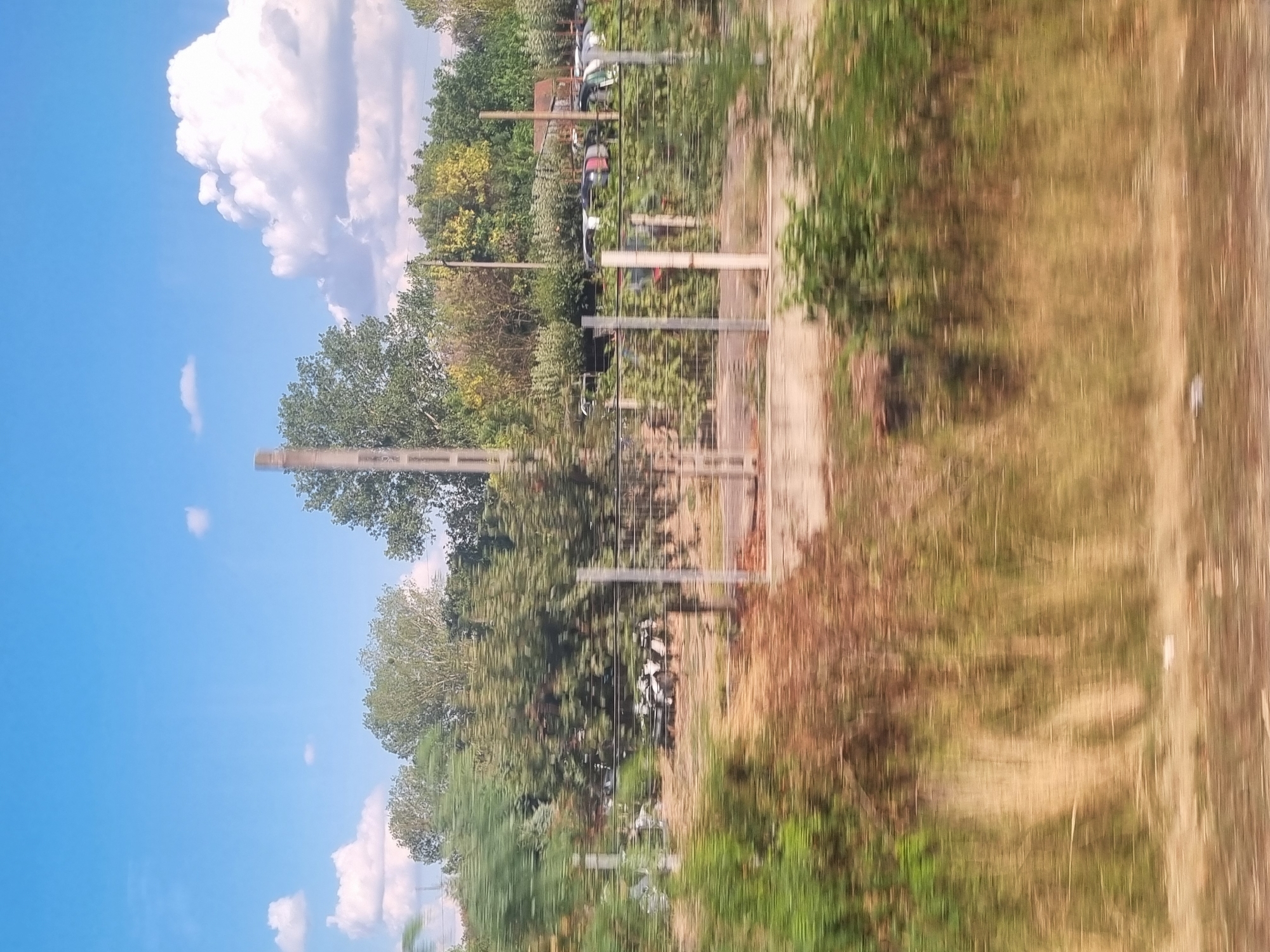 The image depicts a blurred, motion-captured view of a landscape, likely taken from a moving vehicle, suggesting a scene from Kisvárda, Hungary. The foreground is dominated by dry, yellowish-brown grass and vegetation, heavily distorted by motion blur, obscuring any fine details. Behind this, a chain-link fence runs horizontally across the frame, with vertical metal posts supporting it. Beyond the fence, a collection of what appear to be various types of vehicles, including motorcycles and car parts, are visible, some in disassembled states. These objects are also subject to motion blur, making precise identification difficult. A few trees with green and yellow foliage are scattered throughout the middle ground, with some appearing to be larger, more mature trees. In the background, a pale blue sky with scattered white clouds fills the upper portion of the image. A tall, slender, grey pole, possibly a utility pole, is visible on the left side of the frame. Another similar pole is visible further to the right. A small, reddish structure, possibly a shed or a small building, can be seen nestled among the trees in the background. The overall impression is one of an outdoor area with stored or abandoned vehicles, set against a backdrop of trees and sky, with the motion blur indicating a dynamic perspective.