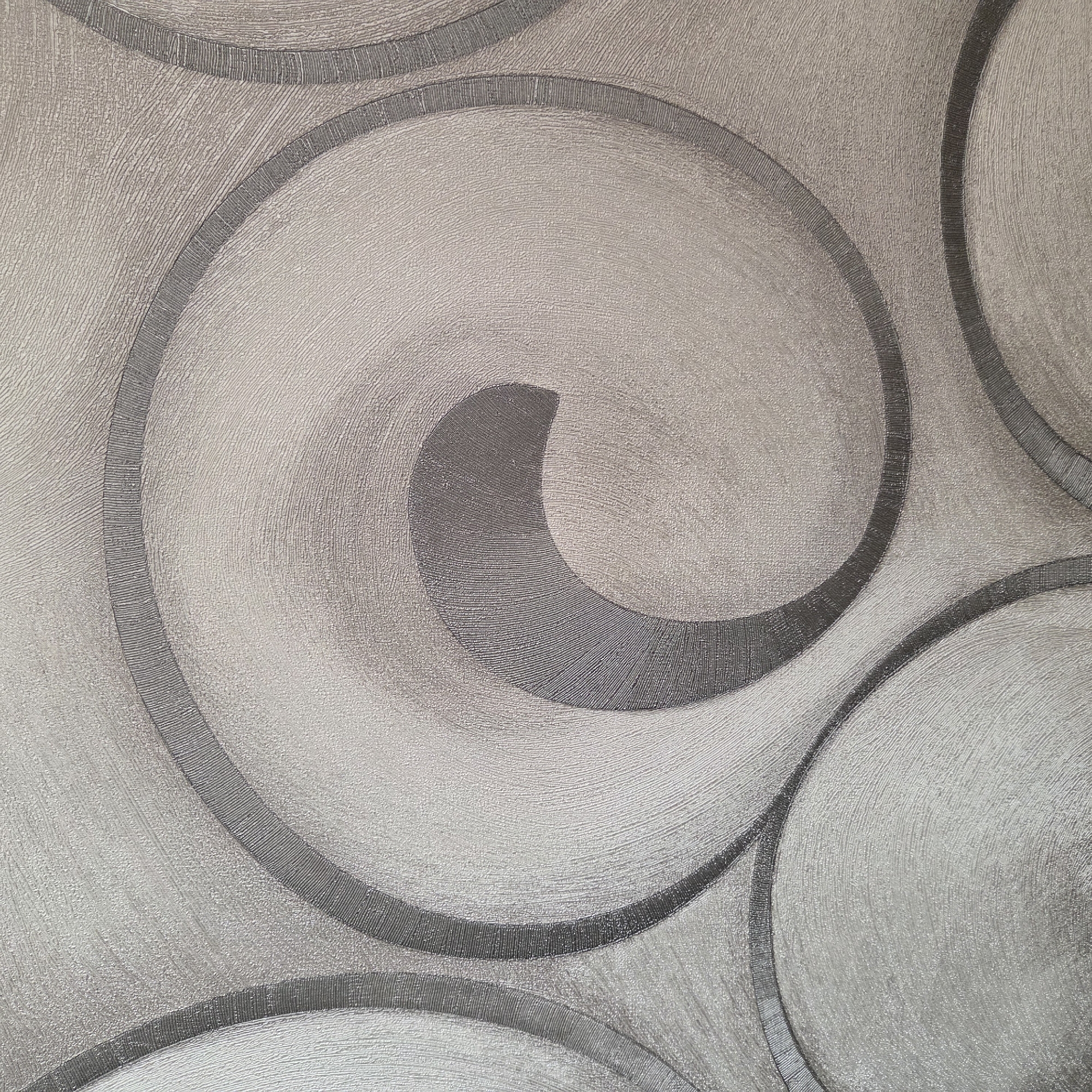 The image displays a close-up of a textured surface, likely a wallpaper or decorative panel, featuring an abstract, curvilinear pattern. The dominant colors are muted tones of light grey, beige, and darker grey, with a subtle sheen that suggests a metallic or iridescent quality, particularly in the lighter areas.
The pattern consists of large, interlocking spiral or swirling shapes. These shapes are primarily defined by thick, dark grey bands that outline sections of the curves and sometimes fill the inner parts of the swirls. Both the light background areas and the dark bands exhibit distinct textures. The dark bands feature fine, parallel striations, often running perpendicular to the curve of the band, creating an embossed or woven appearance. The lighter areas also show subtle, parallel ridges or lines that follow the direction of the swirling forms, adding depth and tactile quality to the surface.
There are no people, objects, or discernible activities taking place. No text is visible. The lighting is even, accentuating the intricate textures and the interplay of light and shadow across the varied surfaces. The overall impression is one of a modern and elegant decorative pattern.