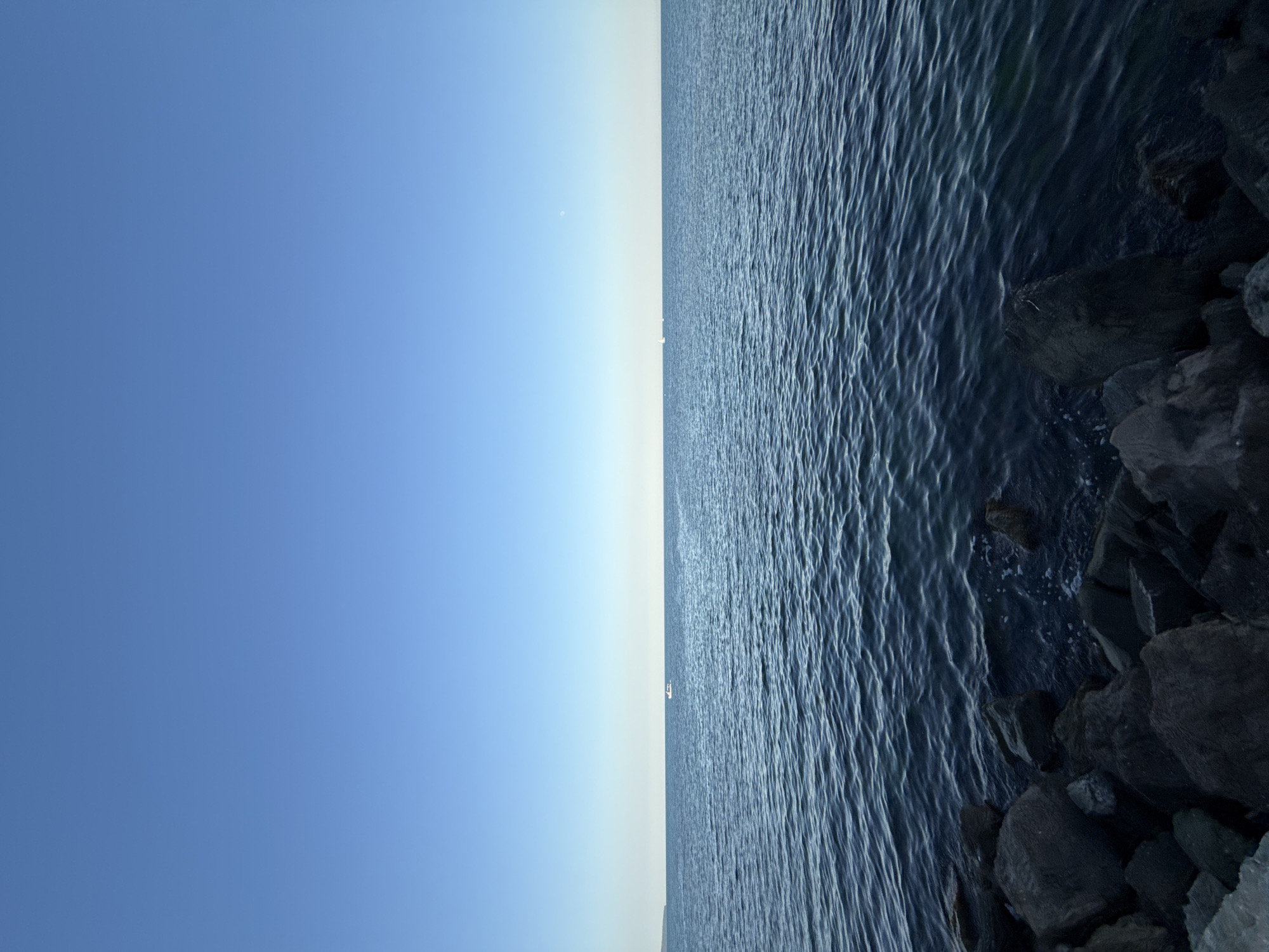 The image captures a serene seascape with a clear sky on the left and the vast ocean on the right. The sky is a gradient of soft blues, transitioning from a deeper hue near the horizon to a lighter shade overhead. A faint crescent moon is visible in the sky. The ocean is a deep, shimmering blue, with gentle waves creating a textured surface. The water appears calm, reflecting the light of the sky.
Along the right edge of the image, a rocky shoreline is visible. The rocks are dark and rough, suggesting a natural or partially developed coastline. Some of these rocks are partially submerged in the water. In the distance, on the horizon where the sky meets the sea, a few small white specks are discernible, possibly boats or distant landmasses.
The lighting suggests it is daytime, likely late afternoon or early morning given the soft light and clear sky. The overall mood is peaceful and tranquil, evoking a sense of openness and calm. The scene is characteristic of a coastal location, and the mention of Nesebar, Bulgaria, places it in a historical and scenic part of the Black Sea coast. There is no visible text in the image.