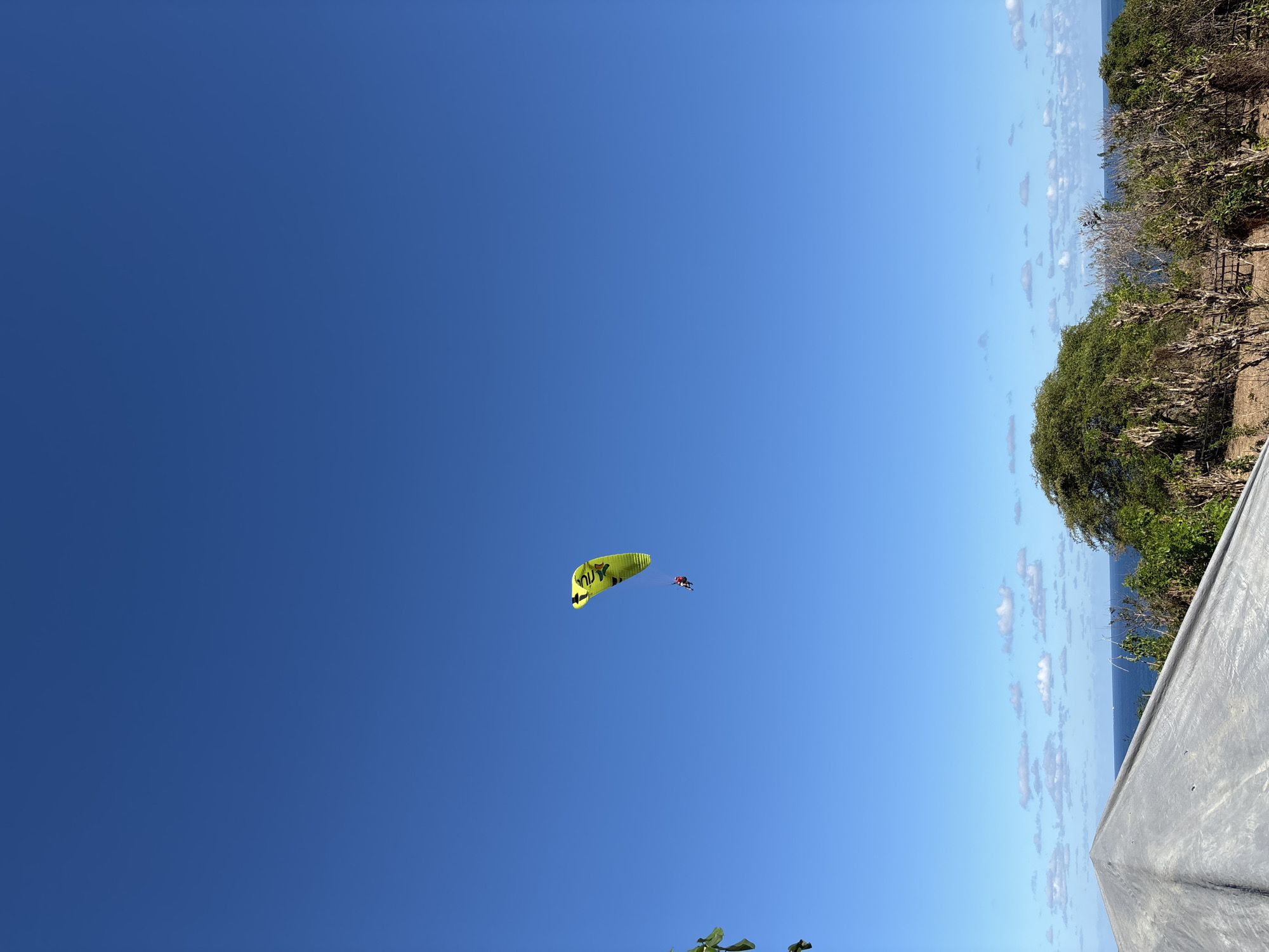 A paraglider in a yellow and black wing soars against a clear blue sky above the coastline of Kuta Selatan, Indonesia. The paraglider, wearing red clothing, is suspended beneath the wing by a harness. In the foreground, a gray, tent-like structure partially covers the bottom left of the frame. Beyond it, a line of green trees and vegetation meets the blue ocean, with a few white clouds dotting the horizon. The scene appears to be a bright, sunny day.