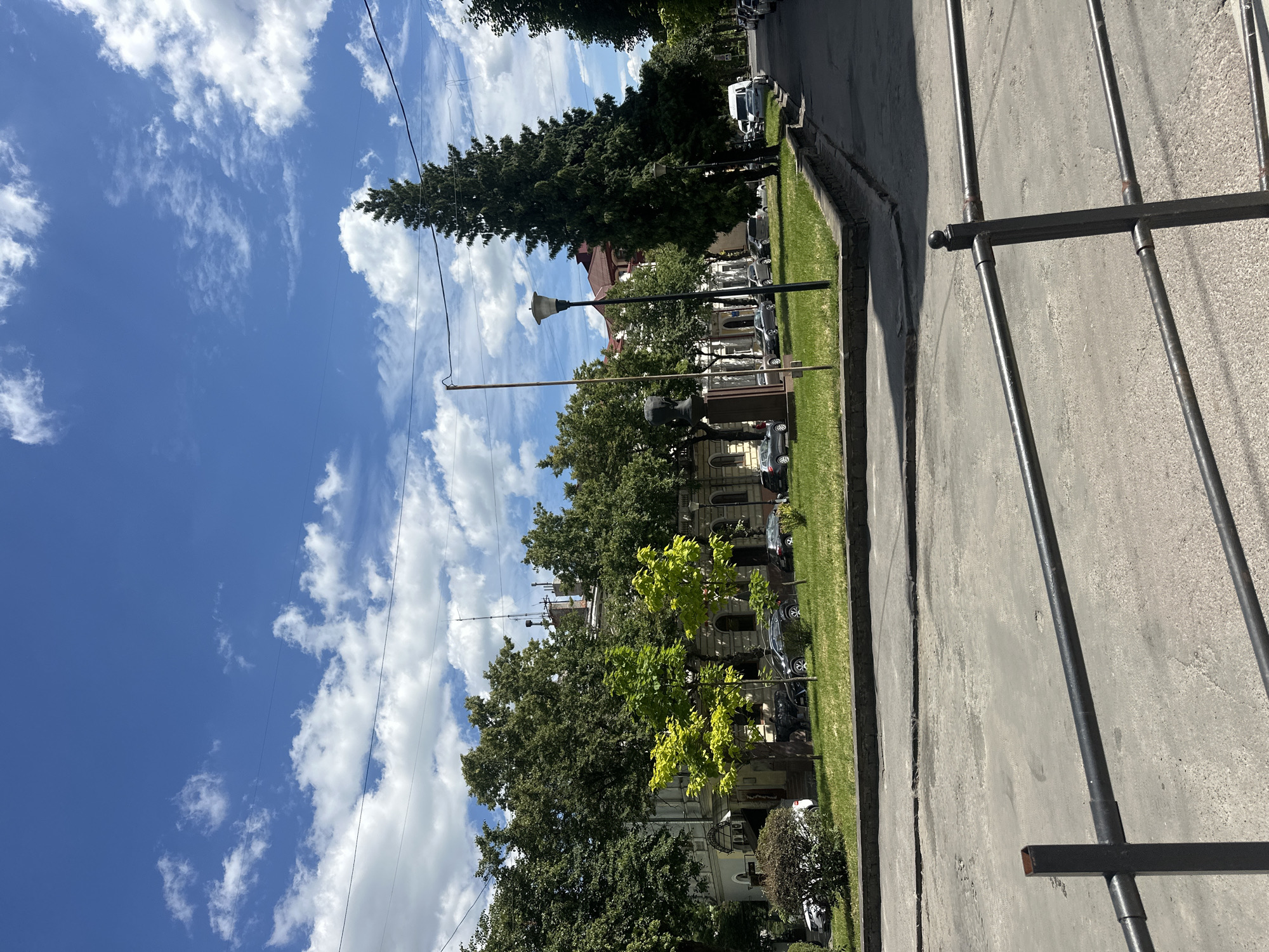 The image captures a street scene in Ternopil, Ukraine, on a sunny day with a bright blue sky dotted with white clouds. In the foreground, a grey asphalt road is visible, with a black metal railing running horizontally across the bottom half of the frame. A grassy median strip separates the road from a sidewalk and the facades of buildings.
On the median, a tall evergreen tree stands prominently on the right side, while a bust on a pedestal is located further left. Several deciduous trees with green foliage line the median and the area in front of the buildings. A street lamp with a modern design is positioned between the evergreen tree and the bust.
The buildings appear to be multi-story structures with light-colored facades and arched windows, suggesting a historical or classical architectural style. Cars are parked along the side of the road in front of the buildings and on the street itself. Power lines are strung across the sky, supported by utility poles. The overall environment depicts a typical urban streetscape with a blend of natural elements and built structures.