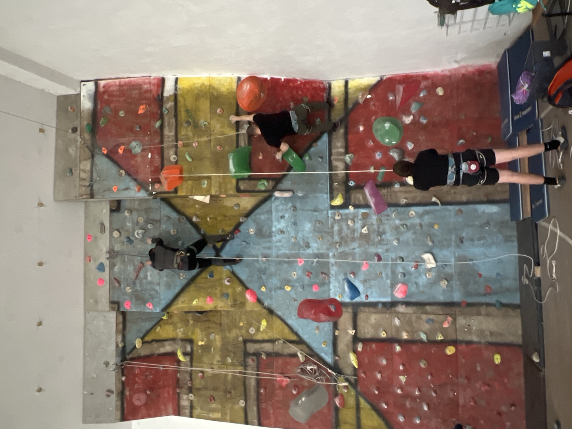 The image shows an indoor climbing wall with three people climbing. The wall is segmented with colored sections of red, blue, and yellow/gold, covered with climbing holds of various shapes and colors. Two climbers are near the top of the wall, and one is climbing on the bottom portion. All the climbers are wearing climbing gear, including harnesses. The climbing wall is located indoors and appears to be a standard climbing gym setup. The location is Elena, Bulgaria.
