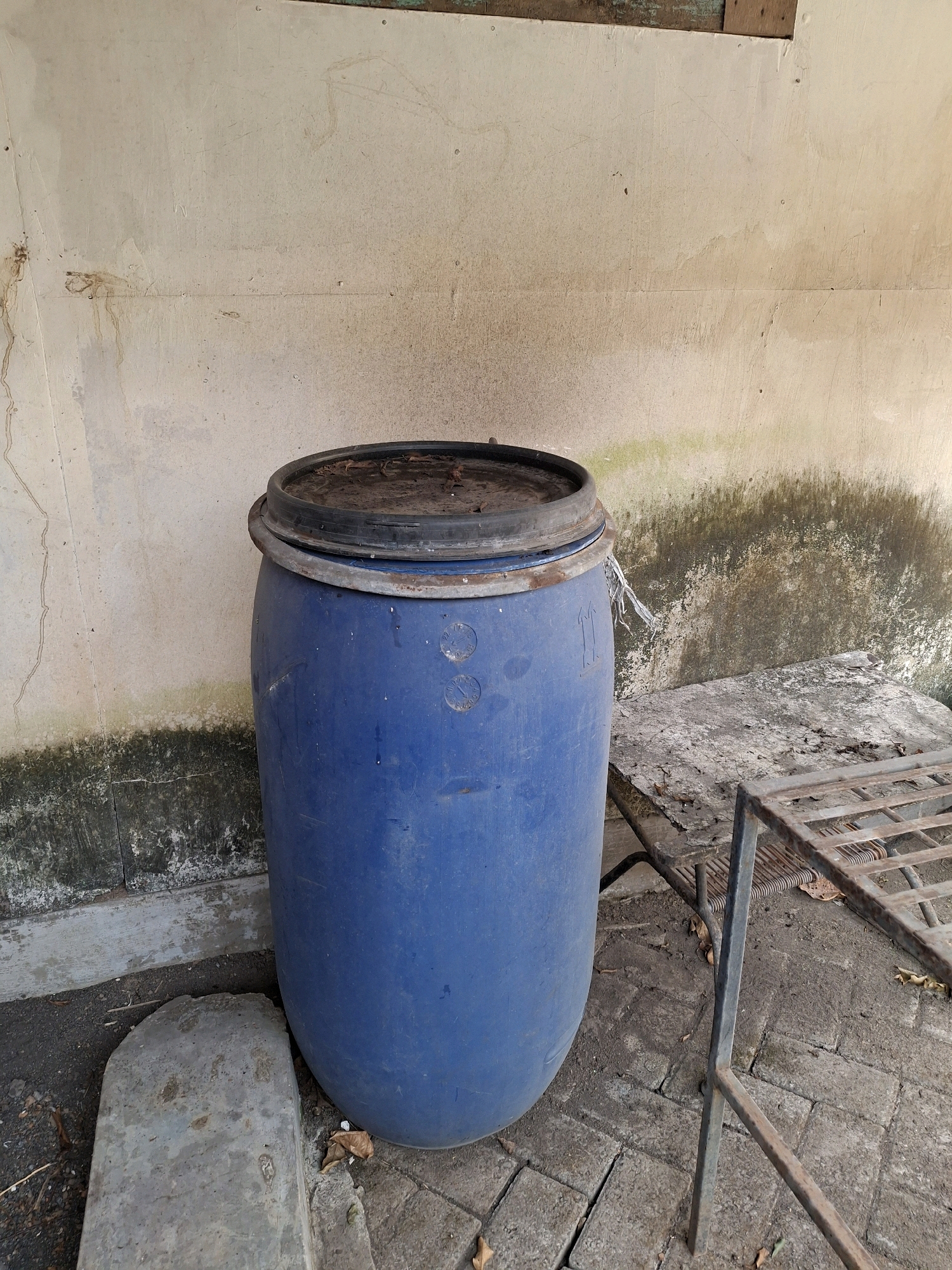 A blue plastic barrel with a black lid is positioned outdoors against a textured, light-colored wall. The wall shows signs of weathering, with darker stains and streaks, particularly near the ground where a dark green, moss-like growth is visible. The ground beneath the barrel is paved with cobblestones, and a rough, grey concrete block is placed to the left of the barrel. To the right of the barrel, a rusty metal structure with a slatted surface is visible, appearing to be a table or shelf. A piece of white string hangs from the side of the barrel. The scene appears to be in an outdoor utility area or yard, potentially in Lumajang, Indonesia, given the context.