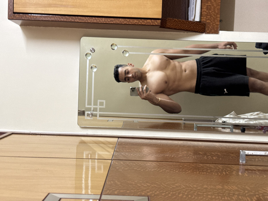The image captures a mirror selfie taken indoors within a private residence. The specific location within the city of Kolkata, India, cannot be definitively determined from the visual information provided, but the setting is consistent with an urban home environment.
The subject is a male, appearing to be in his 20s or 30s, with short dark hair and a muscular physique, evident from his bare torso. He is wearing black athletic shorts featuring a white Puma logo on the left thigh and a gold-colored bracelet on his right wrist. He holds a silver-colored smartphone, likely an iPhone due to its visible camera module, in his left hand to photograph his reflection.
The central object is a rectangular, wall-mounted mirror adorned with etched geometric patterns and several circular glass accents. To the left of the mirror, a section of a wooden wardrobe or cabinet is visible, characterized by light brown panels with darker framing and chrome horizontal handles. To the right of the mirror, a darker wooden cabinet or shelf unit is partially visible, containing stacked papers or other items. The surrounding walls are painted a uniform, light, neutral color, possibly cream or light beige. A light-colored fabric item is partially reflected in the bottom-left area behind the mirror.