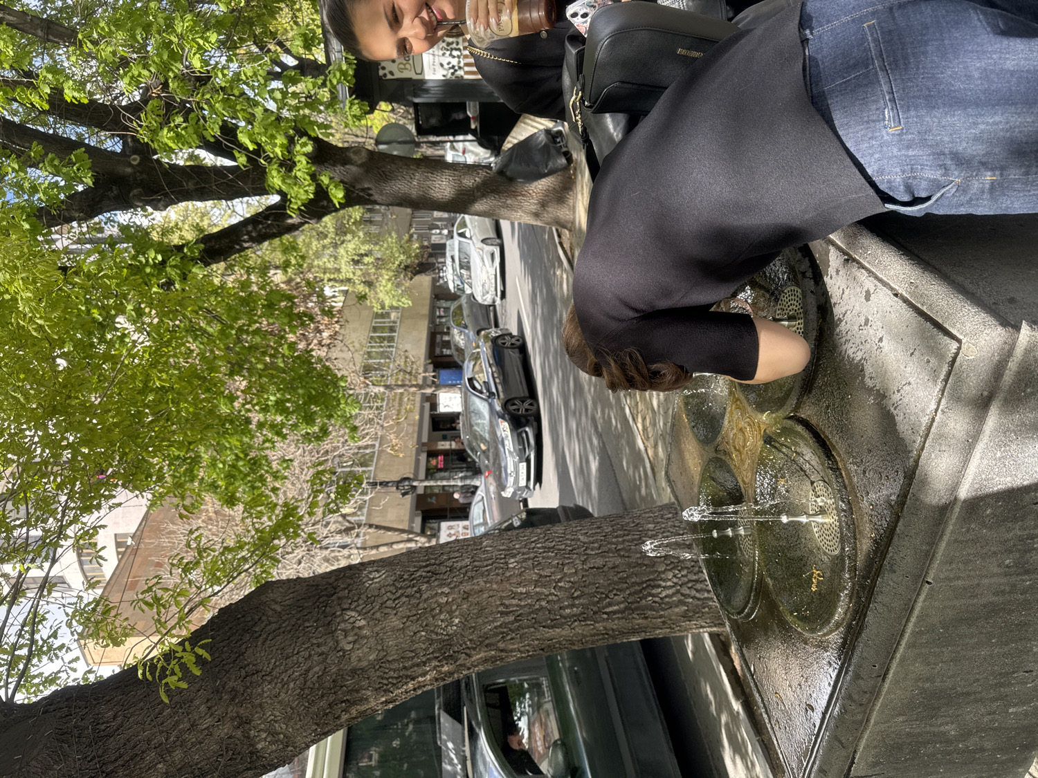 This vibrant image, set in Yerevan, Armenia, captures a sunny outdoor moment on an urban street. Two women are the primary subjects, engaged with a traditional Armenian public water fountain, known as a pulpulak. In the foreground, one woman, dressed in a black long-sleeved top and blue jeans, is bent over, taking a drink directly from one of the ornate stone fountain's multiple flowing spouts. She cups her hands to gather the water. Beside her and slightly behind, another woman is partially visible from the chest up, holding a clear plastic cup containing a beverage, with some indistinct text visible on its side. She exhibits a subtle smile, suggesting a relaxed and pleasant disposition.
The scene is bathed in bright daylight, with shadows indicating it's likely mid-morning or afternoon. Large trees with lush green foliage, signifying spring or summer, frame the left side of the composition, their thick trunks visible. The background reveals a typical city streetscape with parked cars lining the curb and multi-story buildings under a clear sky. The image conveys a casual, everyday urban activity, highlighting the cultural significance of public water sources like the pulpulak in Armenian cities.