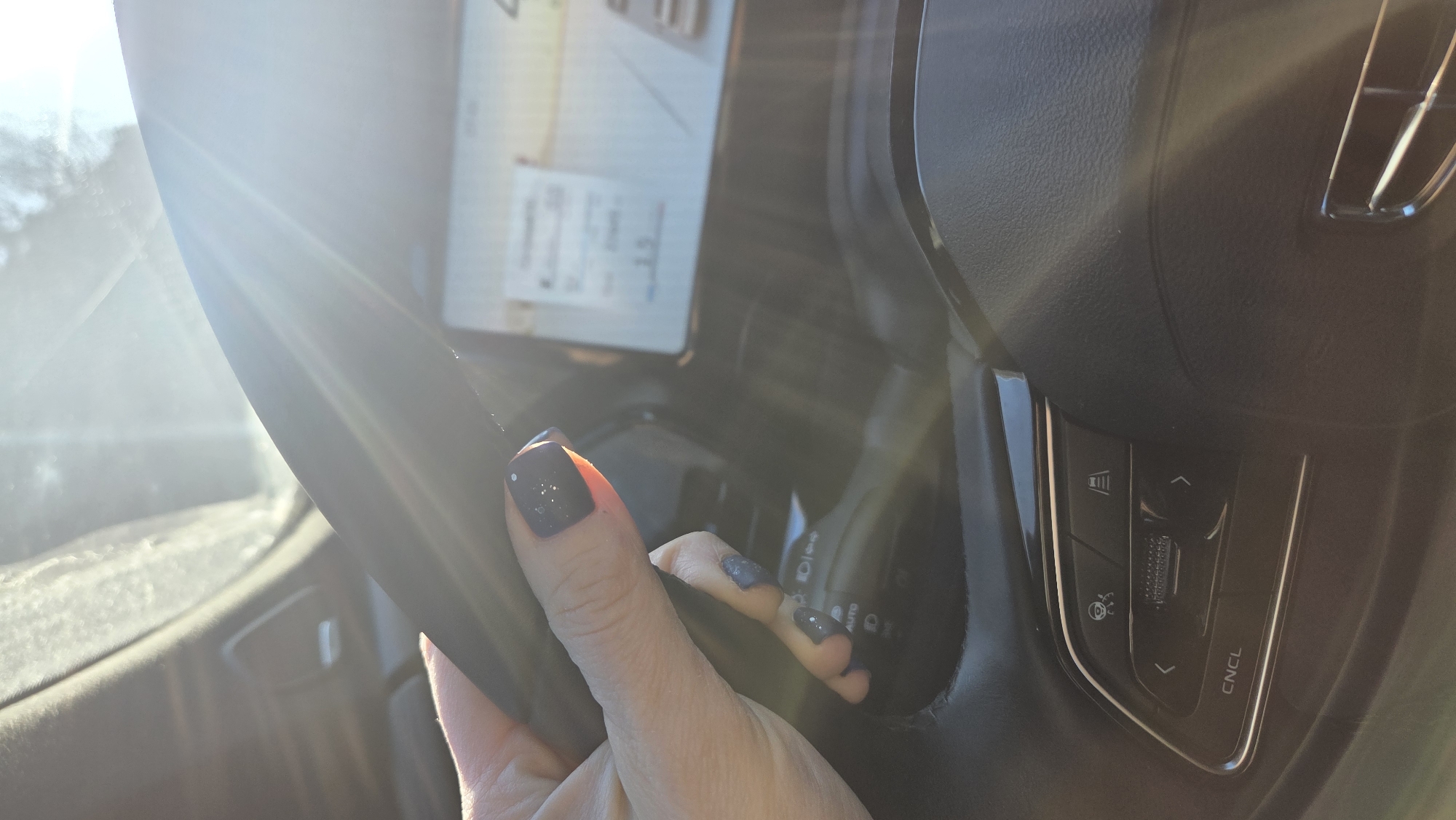 A person is holding a car steering wheel. The person has navy blue nail polish. The center console of the car with a screen is visible. The city of Chaikovsky, Russia is not discernible from this image.
