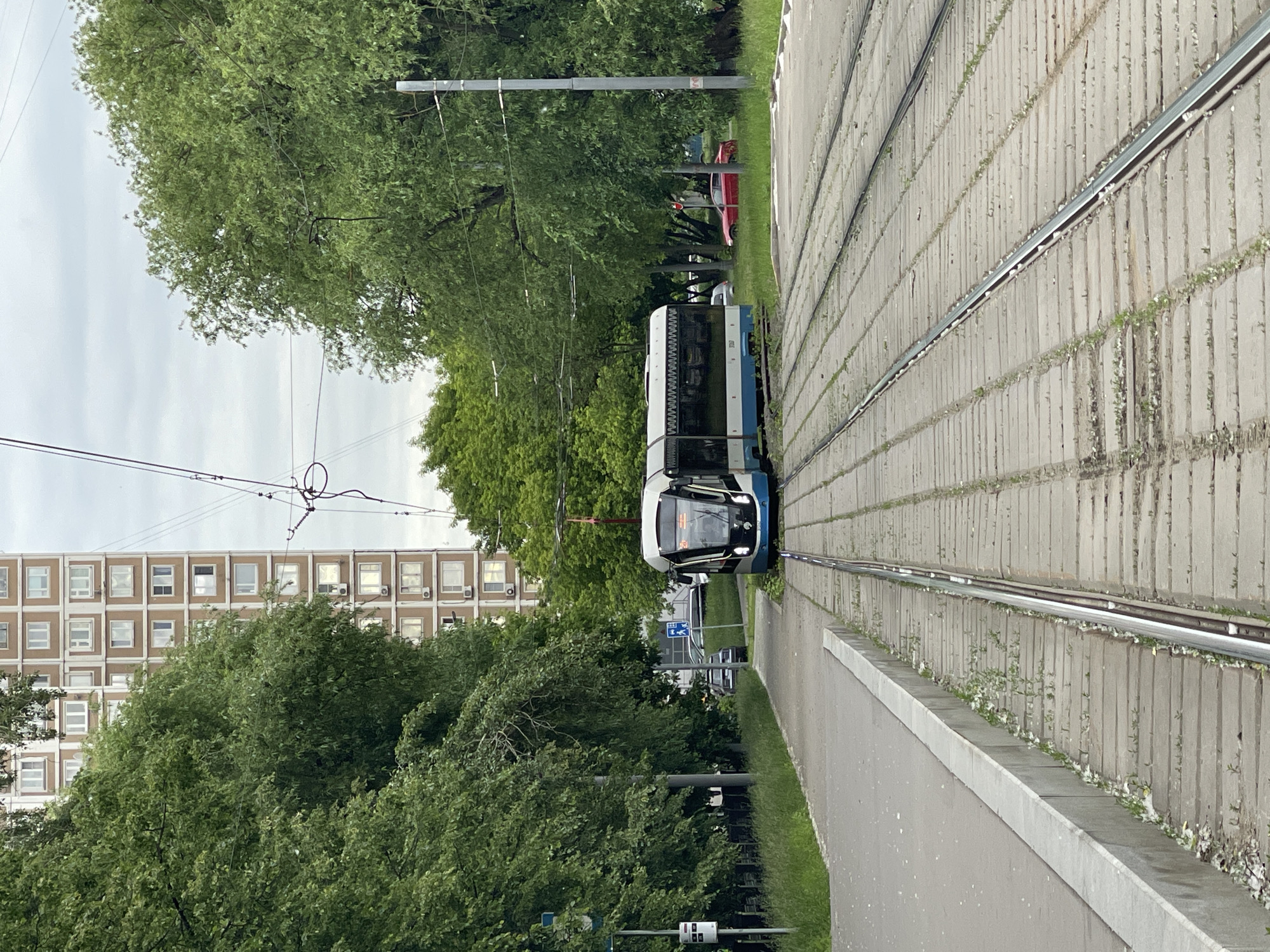 The original image is rotated 90 degrees clockwise, depicting an urban or suburban tram line. If viewed with the tram tracks horizontally, a modern white and blue tram is the central subject, seen from the front as it travels along the tracks. The tram features a sleek design with large front windows; its digital display shows unreadable text, likely a route number or destination.
The tram tracks are set into concrete segments, with patches of green grass and weeds growing between them, creating a green corridor. Abundant green trees with dense foliage line both sides of the tracks. On the left side of the frame, partially hidden by the trees, stands a tall, multi-story building characterized by numerous uniformly spaced square windows, some of which have external air conditioning units. Overhead electrical wires necessary for the tram's operation are prominently visible against the sky.
A paved sidewalk or path runs alongside the tracks on the right. In the distance, a red car is partially visible behind the trees and the tram. A blue and white street sign, featuring a white pictogram of a walking person, is also present. The scene is brightly illuminated, indicating daytime, likely under an overcast sky given the soft, diffuse lighting and the absence of strong shadows. No people are explicitly visible.