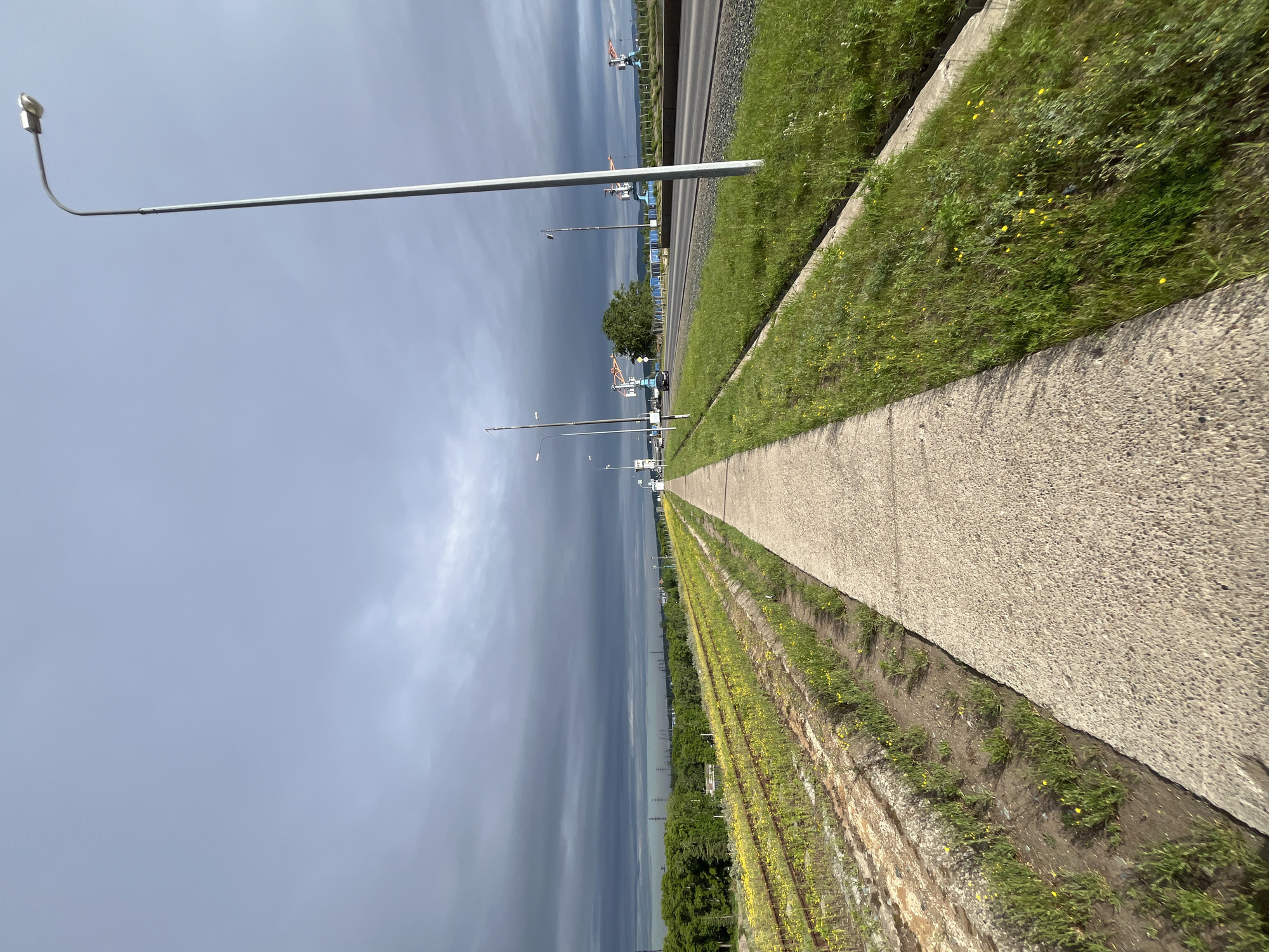 The image depicts a concrete walkway running alongside a grassy verge and a disused railway track filled with yellow wildflowers. In the distance, a highway is visible with cars and several large industrial cranes, suggesting a location near a port or industrial area within Chaikovsky, Russia. The sky is overcast with dark, heavy clouds, indicating a possibility of rain. Streetlights are positioned intermittently along the walkway and the highway. The overall scene is one of an urban periphery with elements of both nature and industrial activity.