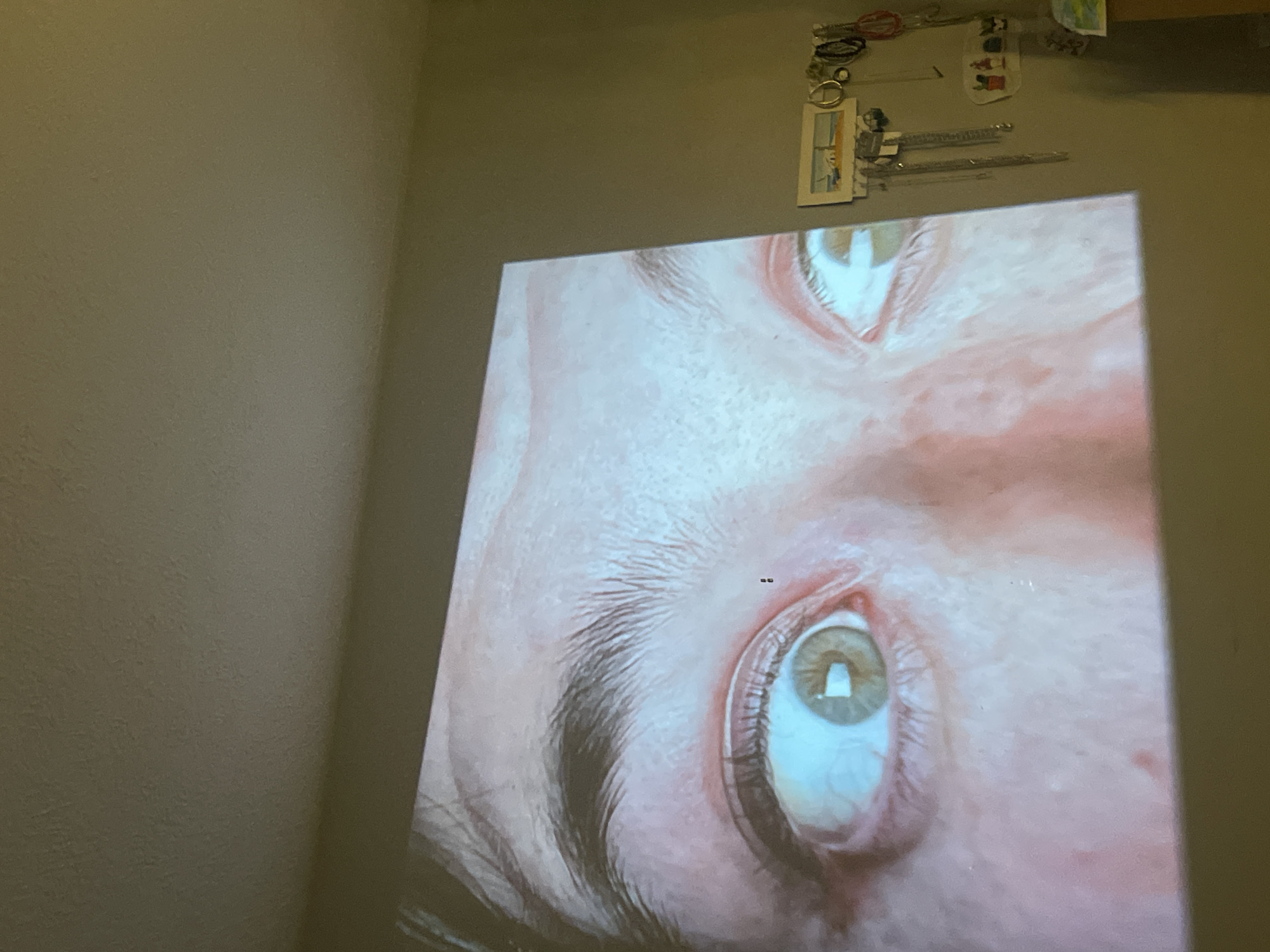 The image shows a close-up projection of a person's face, focusing on the eyes and eyebrows. One eye is positioned in the lower portion of the projected area, while the second eye is located towards the top. The projection is cast onto a wall. At the top of the wall above the projected image, there is a collection of miscellaneous items hanging, including a framed picture, jewelry, and other objects. The location of the image appears to be indoors. It is not possible to determine if the location is the city of Maidstone, United Kingdom, based on the visible elements of the image.