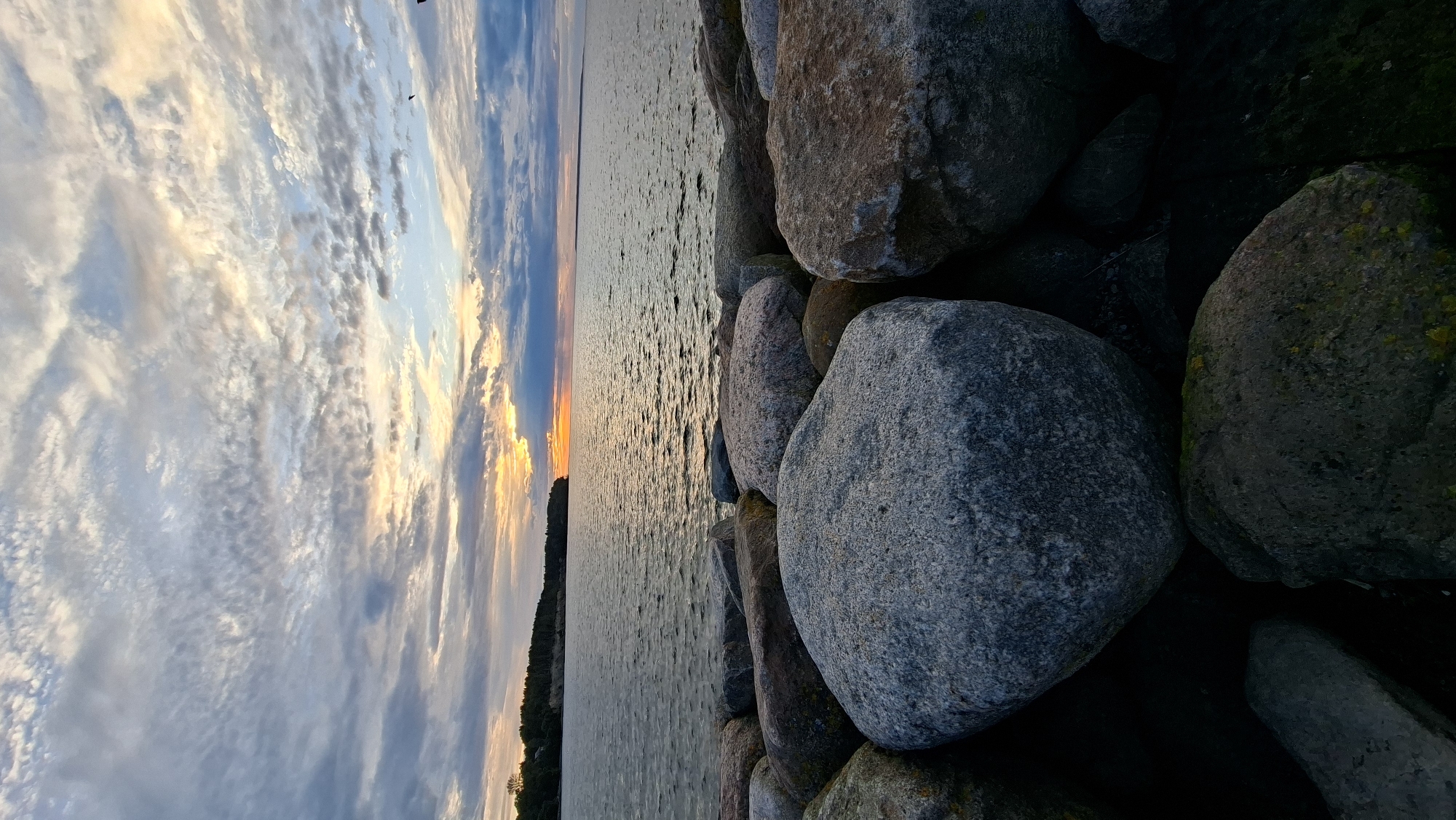 This is a vertical, eye-level shot of a rocky shoreline with a body of water and a sunset sky in the background. The foreground is filled with large, grey, rounded rocks, some with moss growing on them. The middle ground features a calm body of water, likely the Baltic Sea, with a distant tree-lined shore. The sky above is filled with dramatic clouds, illuminated by a setting sun with hues of orange and yellow peeking through. The image appears to have been taken during sunset. This scene could be from the coast of Tallinn, Estonia, known for its rocky shores and beautiful sunsets over the Baltic Sea. There are no people or actions depicted in the image.