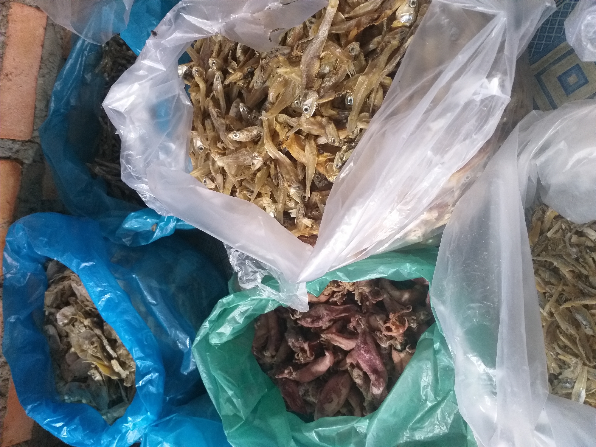 The image shows a collection of dried seafood items packaged in plastic bags. In the foreground, there are two transparent plastic bags, one containing small dried fish and another with a dark, possibly dried, food item. To the left and slightly behind, a green plastic bag is visible, filled with what appears to be dried squid. In the background, a blue plastic bag contains more dried fish. The scene is set against a brick wall and a patterned surface. The lighting suggests an indoor setting. The overall impression is that of a marketplace or storage area for dried seafood products in Air Jamban, Indonesia.
