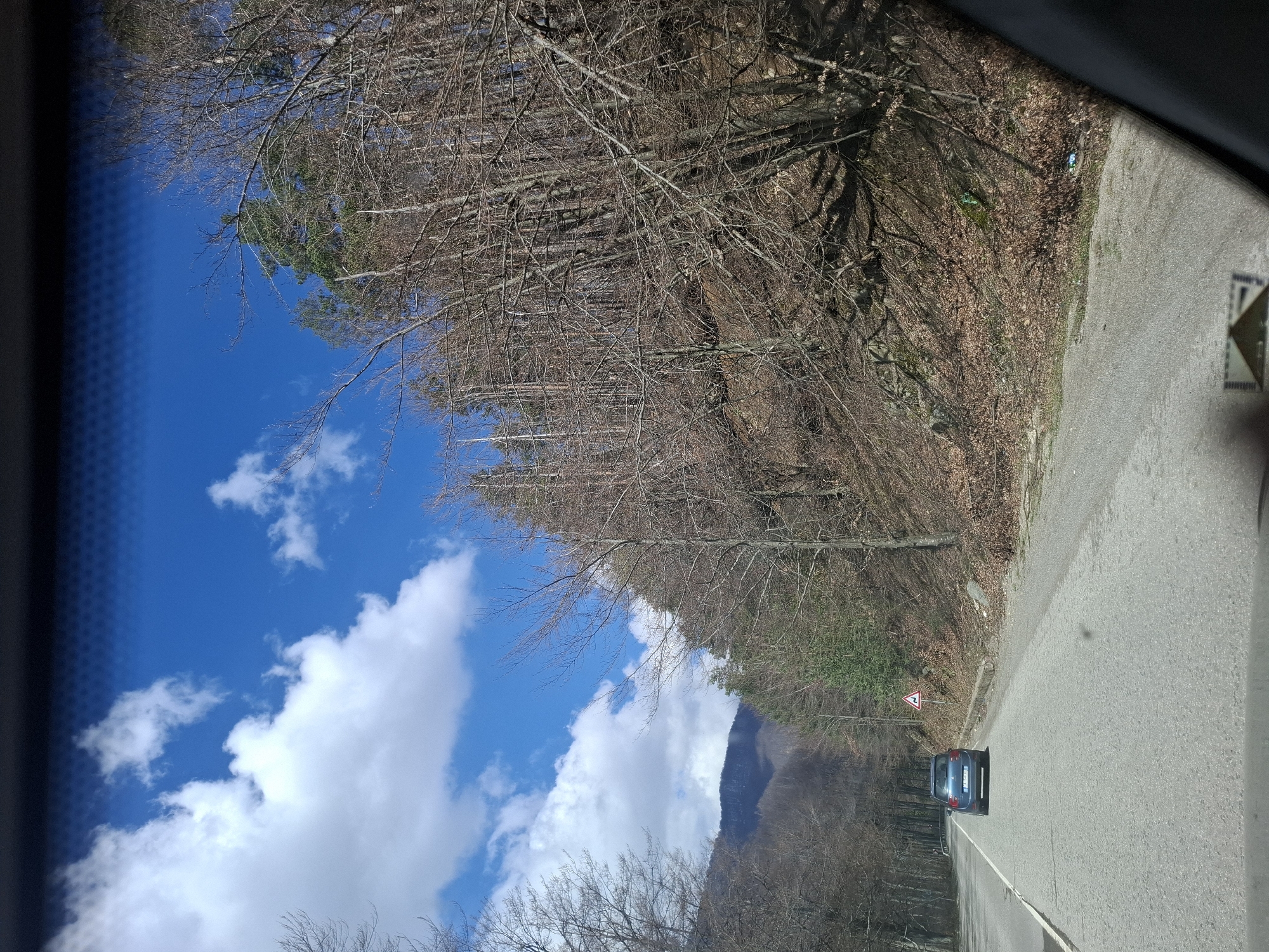 The image shows a view from inside a car driving on a road in Barziya, Bulgaria. The road is asphalt and has a solid white line marking the center. A blue car is ahead. The roadside is wooded with bare trees, indicating winter. A triangular warning sign is visible near the blue car. The sky is blue with cumulus clouds. A mountain is partially visible in the distance.