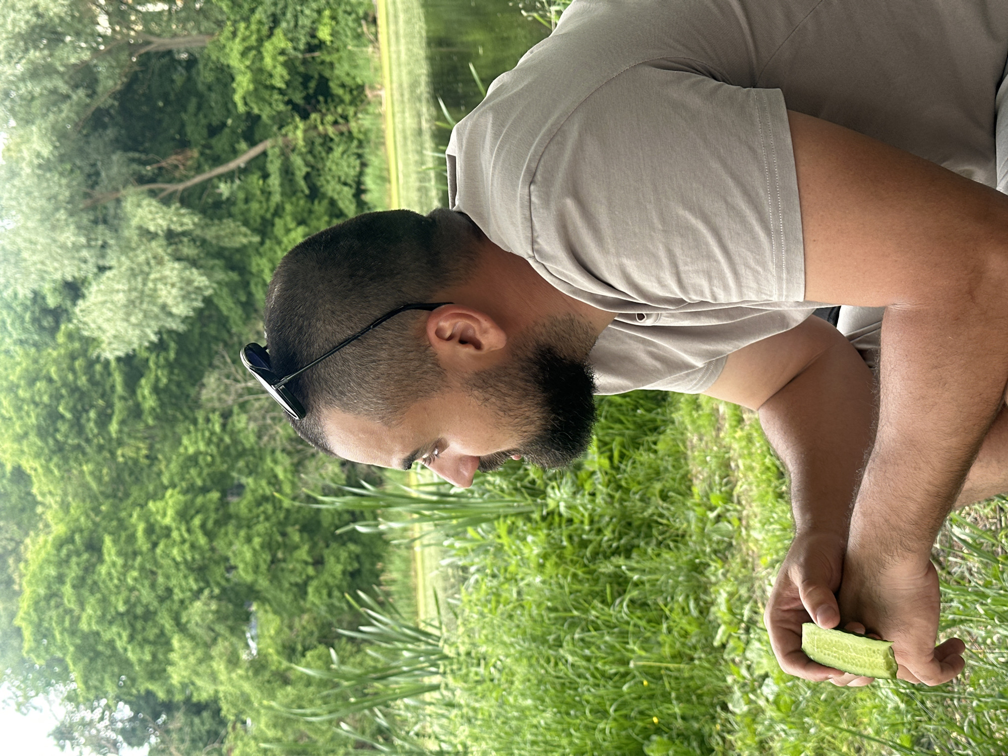 The image shows a man sitting outdoors near a body of water, with dense green foliage in the background. He is wearing a grey t-shirt and has sunglasses perched on his head. In his hands, he is holding a piece of cucumber. The man is looking to his left, away from the camera, and appears to be relaxed. The setting suggests a park or natural area, possibly the Klyazma River embankment in Lytkarino, Russia, given the lush vegetation and water.