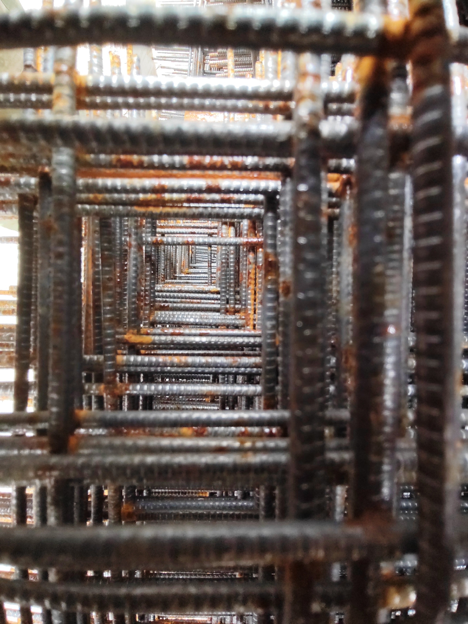 The image shows a close-up, distorted view of rebar, a steel reinforcing bar used in construction. The rebar is arranged in a grid pattern, creating a sense of depth and perspective as the structure recedes into the distance. The rebar is visibly rusted, with patches of orange and brown oxidation on the metal. The lighting is harsh and direct, creating bright highlights and deep shadows that emphasize the texture and form of the rebar. The image is blurry and out of focus, which adds to the abstract and somewhat unsettling quality of the scene. There is no indication of the location in Petropavlovsk-Kamchatsky, Russia, as the image is solely focused on the rebar. There are no people or any discernible activity taking place within the frame.