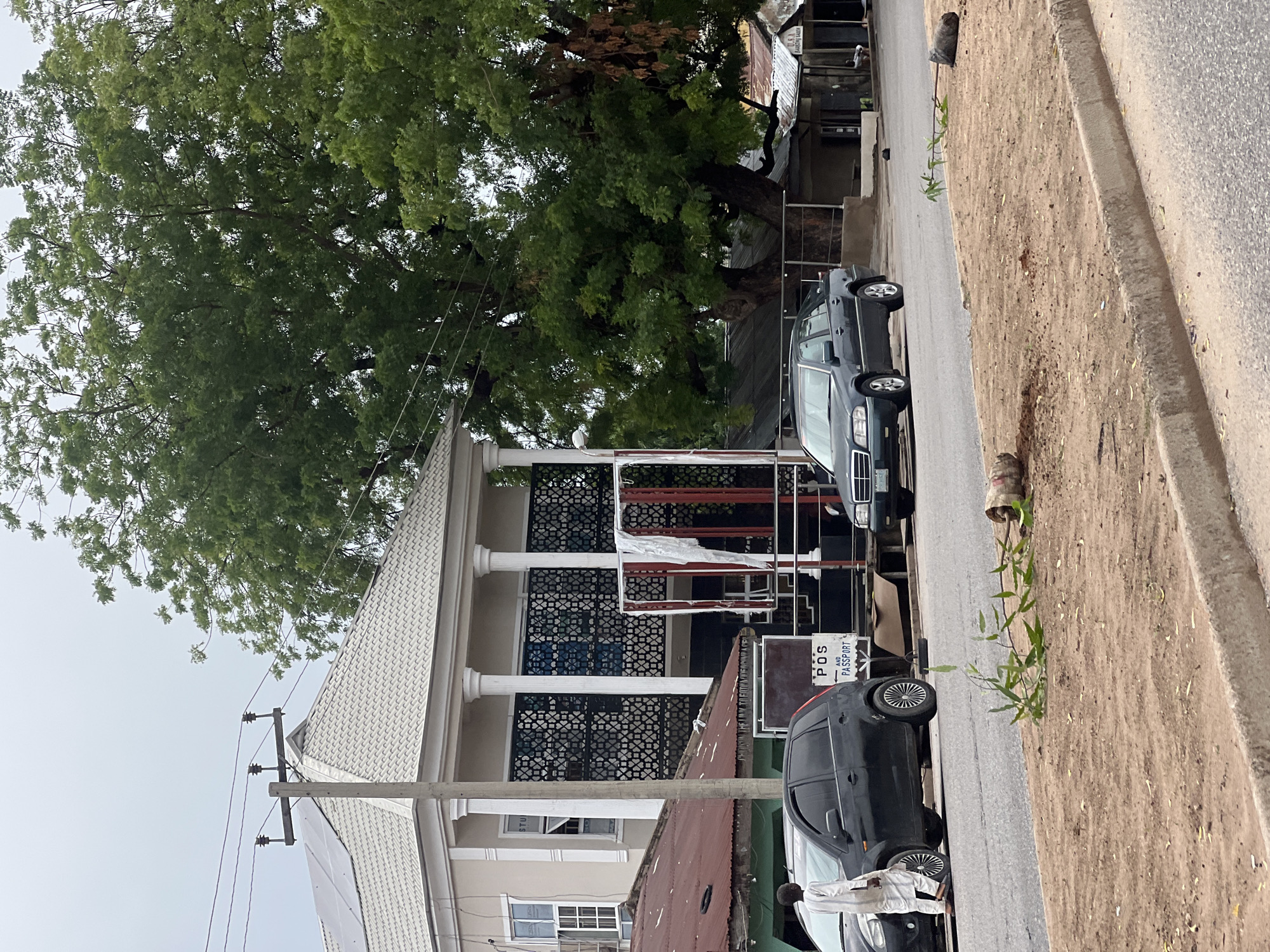 The image shows a street scene in Jalingo, Nigeria, on an overcast day. A prominent building with white columns and a patterned metal facade stands on the left, with solar panels on its roof. In front of the building, a dark-colored hatchback car is parked, and a person in a white robe stands beside it. Further down the street, a dark sedan is also parked. The foreground shows a dirt embankment with some green foliage and a fallen tree trunk wrapped in fabric. Several smaller structures with corrugated metal roofs are visible behind the main building and across the street. Electrical wires and a utility pole are present in the upper left portion of the image.