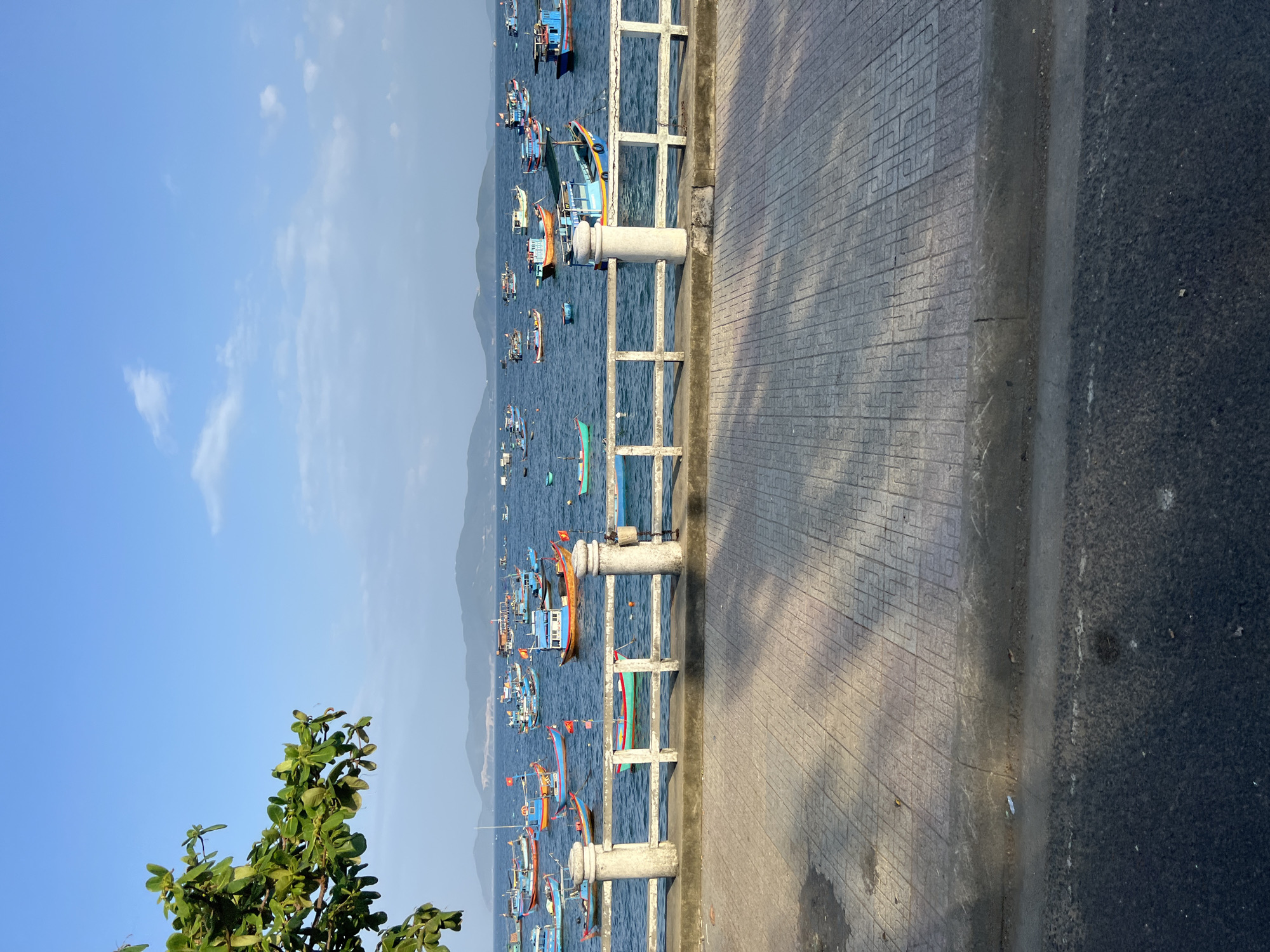 The image captures a scenic view of the ocean in Nha Trang, Vietnam. A promenade area with a tiled walkway and a concrete railing separates the viewer from the sea. Numerous colorful fishing boats are anchored in the calm blue waters, with distant, hazy mountains forming the horizon. A tree branch with green leaves extends into the frame from the upper left corner. The sky is a clear, light blue with a few wispy clouds. The foreground shows a street and the tiled walkway, with shadows cast by the railing and the tree.