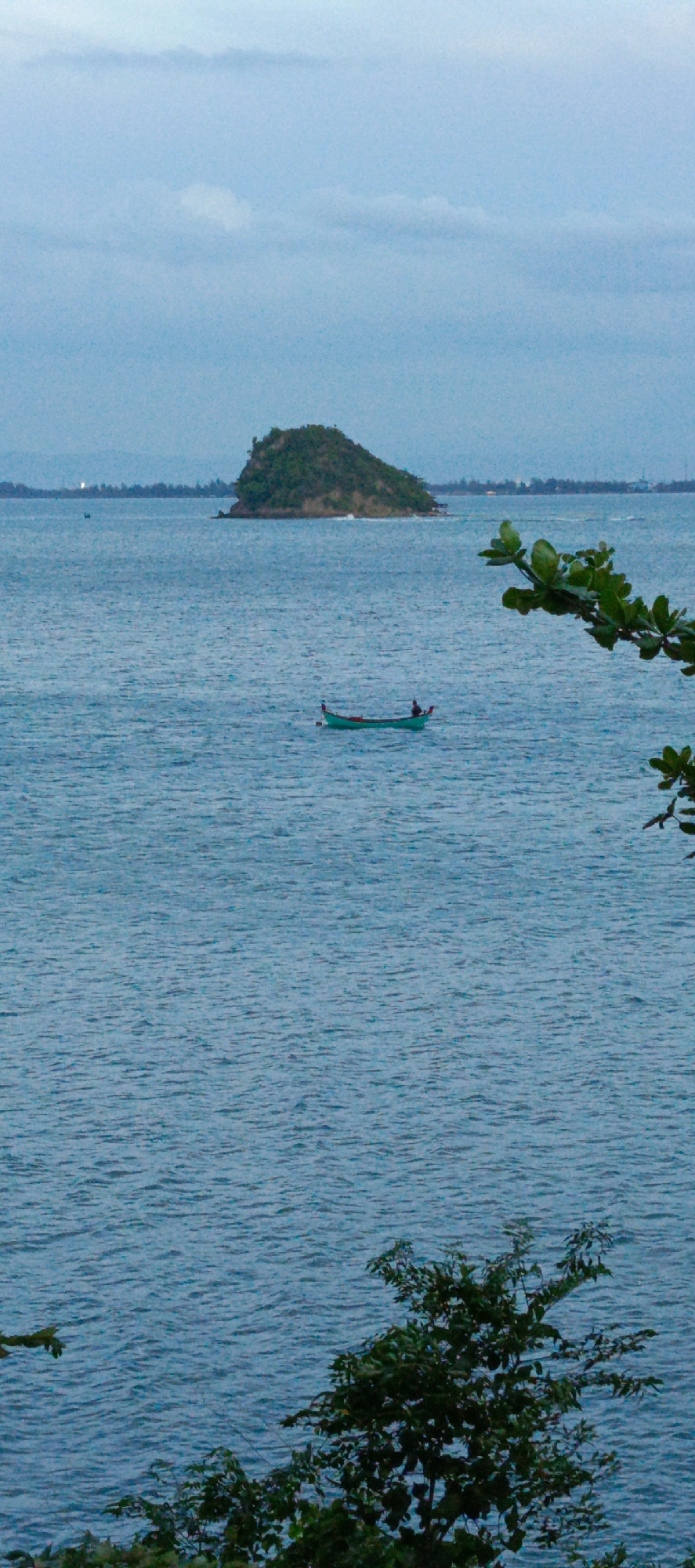 A vertical, medium shot captures a serene view of the sea at Lampageu, Indonesia. In the foreground, dark green foliage from trees frames the bottom and right edges of the image, with a branch of green leaves extending into the water from the right. The sea is a deep blue, with subtle ripples indicating gentle movement. In the middle ground, a small, narrow boat with a single person at the stern navigates the water. The person appears to be sitting. In the background, a lush green island with a rounded shape rises from the sea. Further in the distance, a hazy shoreline with faint outlines of buildings and vegetation can be seen under a soft, overcast sky. The overall mood of the image is peaceful and tranquil.