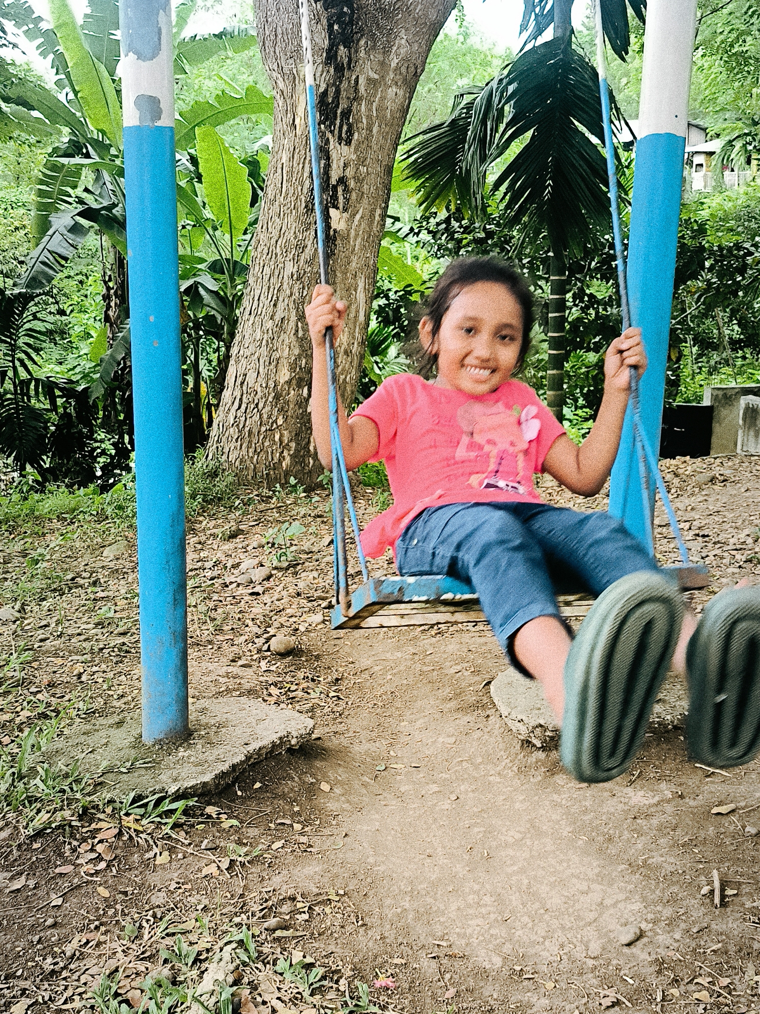 A young girl, likely Asian, is captured mid-swing on a simple, rustic swing set in an outdoor, verdant setting in Lambarotunong, Indonesia. She is the central subject, radiating joy with a wide, bright smile. The girl wears a pink t-shirt featuring a cartoon character graphic, blue jeans, and dark green sandals; her feet show motion blur, indicating she is actively swinging forward.
The swing set consists of two blue and white painted metal posts supporting a blue wooden seat. Behind the swing, the background is dominated by lush tropical foliage, including prominent banana leaves and palm fronds, as well as the thick, textured trunk of a large tree. The ground is a mix of dry earth, fallen leaves, small rocks, and sparse green grass, with a visible concrete base anchoring one of the swing posts. The natural, soft light suggests it is daytime, either morning or late afternoon. The scene evokes a feeling of simple happiness and play in a natural, tropical environment. No distinct text is clearly legible other than the character on her shirt.