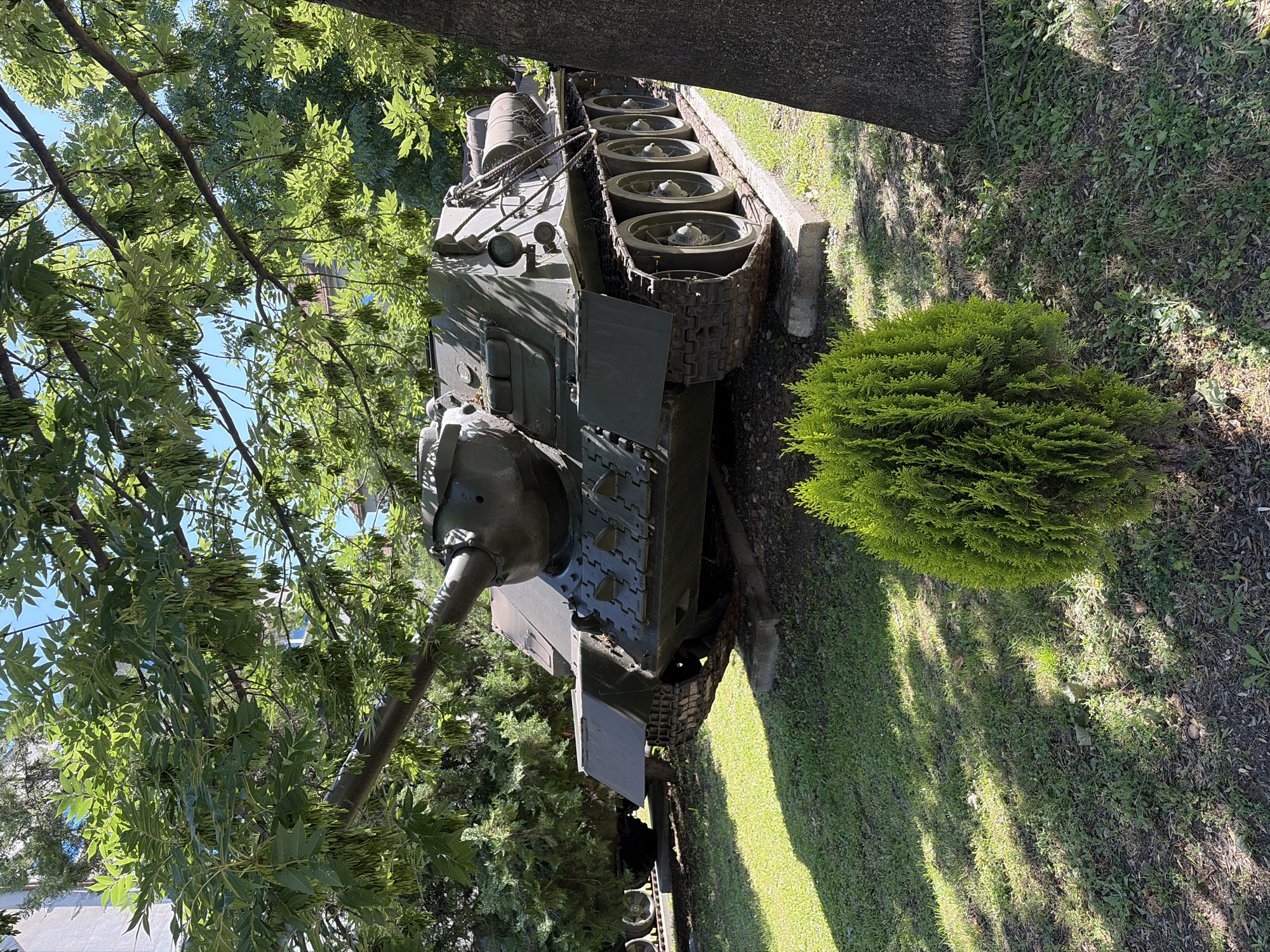 The image shows a Soviet-era SU-100 self-propelled gun displayed on a grassy area, with trees providing shade. The vehicle is painted olive drab and appears to be a museum exhibit or monument. It is positioned on a concrete base. In the foreground, a small, manicured evergreen bush is visible. The background includes trees and a building. Based on the presence of this specific military vehicle, it is likely located at the Museum of Military History in Sofia, Bulgaria. There are no people or animals present in the image. The environment is a park or outdoor exhibition space on a sunny day.
