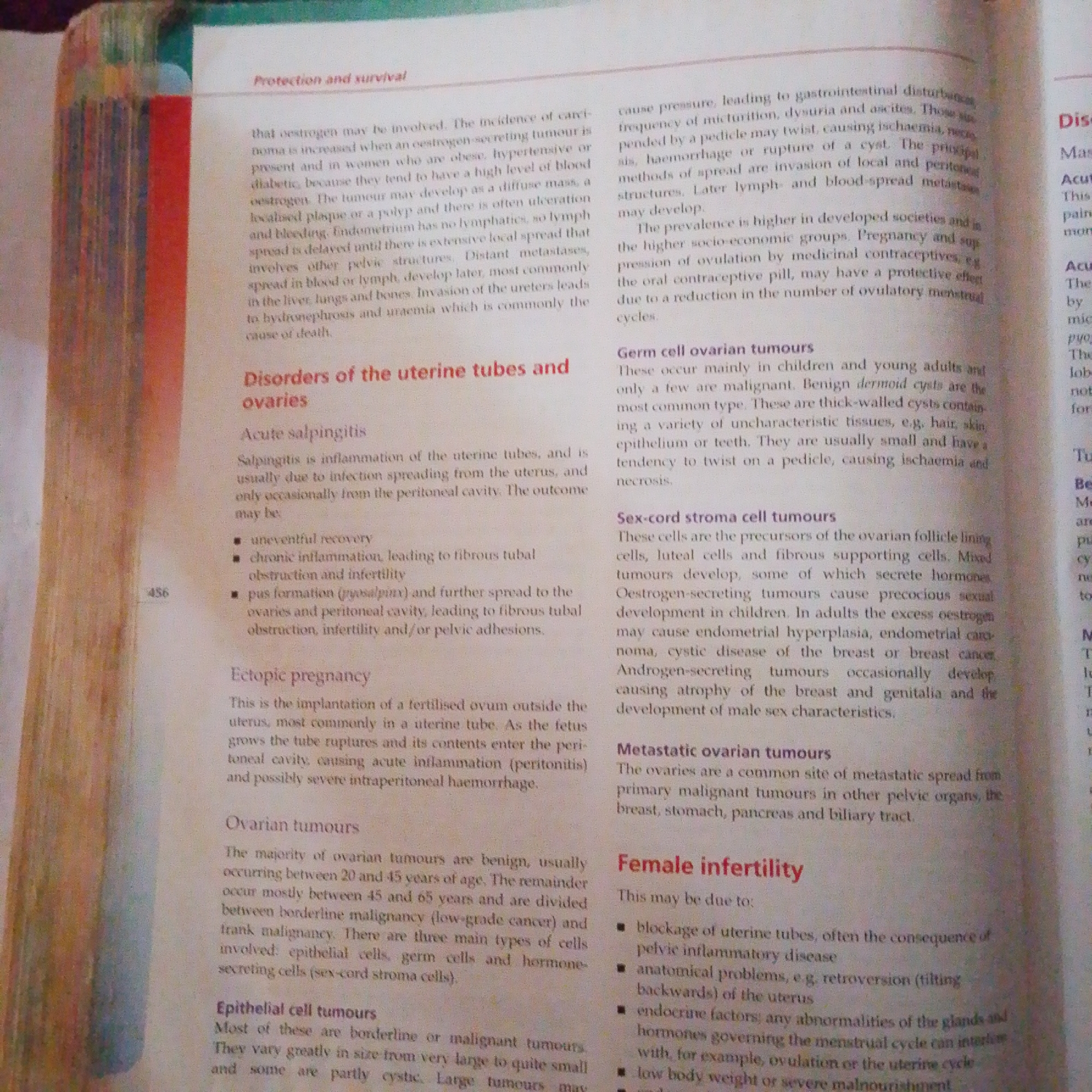 The image is a close-up, slightly angled shot of a page from a medical textbook. The text discusses disorders of the uterine tubes and ovaries, and female infertility. There are no visual elements related to the city of Jalingo, Nigeria, or any people or interactions depicted. The page is illuminated from the left, casting subtle shadows. The paper appears to be slightly yellowed, suggesting age. The text is printed in black ink. The focus is on the written content, with no other objects or subjects present in the frame.