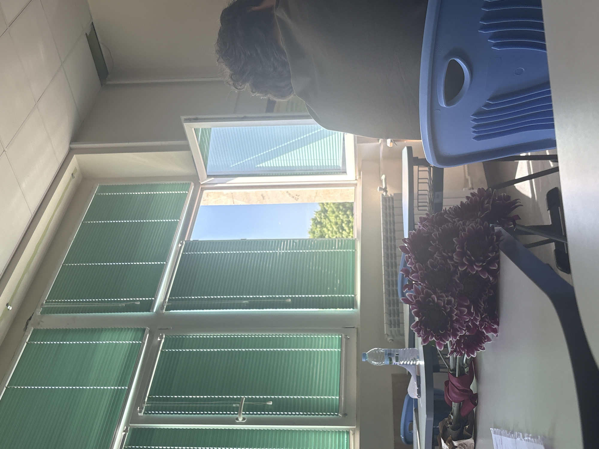 The photo appears to be taken indoors, possibly in an office or classroom setting, with a view through a window. The window has green blinds partially covering it. Outside, there's a glimpse of a clear blue sky and some green trees. The image is rotated.
Inside, on a desk, there's a vase of dark purple flowers and a blue plastic chair. In the background, there is a person with curly hair. There is a water bottle and some papers on the desk.
The image cannot be localized to Burgas, Bulgaria based solely on the visual information.