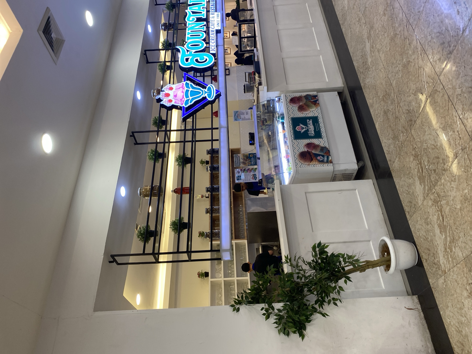 The image shows the interior of an ice cream cafe and restaurant. In the foreground, a large potted plant with green leaves stands to the left. Behind it, a white counter with paneled fronts stretches across the frame. In front of the counter is a display freezer filled with ice cream, decorated with images of ice cream cones. Behind the counter, a man in a black shirt and a man in a blue apron are working, presumably employees of the establishment. Above the counter, shelves are lined with various decorative items, including plants in pots, jars, and bottles. A prominent neon sign above the shelves reads "FOUNTAIN ICE CREAM CAFE & RESTAURANT SINCE 1988". The floor is tiled with a marble pattern. The overall environment suggests a well-lit commercial space, likely a mall or a similar public indoor venue. Given that Fountain Ice Cream Cafe & Restaurant has branches in various locations, and specifically noting its presence in Banda Aceh, Indonesia, this scene is likely from one of its establishments in that city.