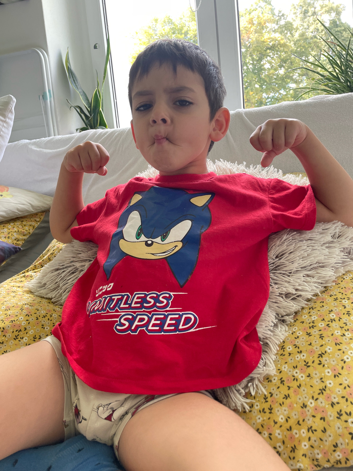 A young boy with short dark hair is seated on a couch, flexing his biceps for the camera. He is wearing a red t-shirt with a graphic of the cartoon character Sonic the Hedgehog and the words "LIMITLESS SPEED" in white text with blue outlines. He also appears to be wearing patterned shorts. The boy has a playful expression on his face, with his lips pursed.
The background shows a window with trees and foliage visible outside, suggesting it is daytime and the weather is fair. There is a plant to the left of the boy, and a white pillow and a yellow floral patterned cushion are also visible on the couch. The setting appears to be indoors, likely a living room. The boy's pose and expression convey a sense of confidence and playfulness.