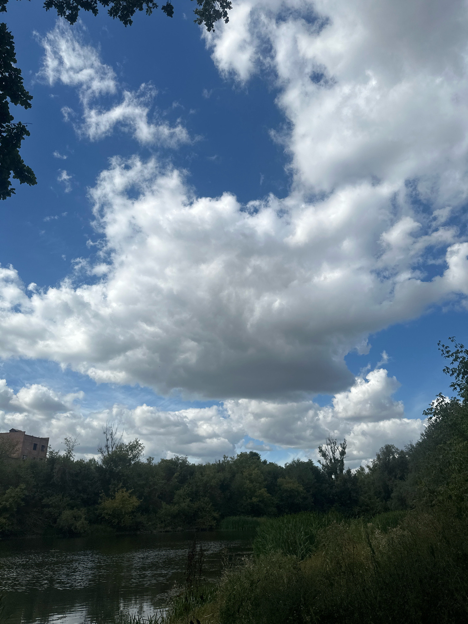 The image depicts a serene natural scene, likely on the outskirts of Makiv, Ukraine, featuring a body of water in the foreground reflecting the sky. A dense line of trees forms the middle ground, with a dilapidated brick building visible on the left side amongst the foliage. The sky above is dynamic, filled with a mix of bright white and darker gray cumulus clouds against a vibrant blue backdrop. The overall impression is one of natural beauty and subtle signs of human habitation or abandonment.