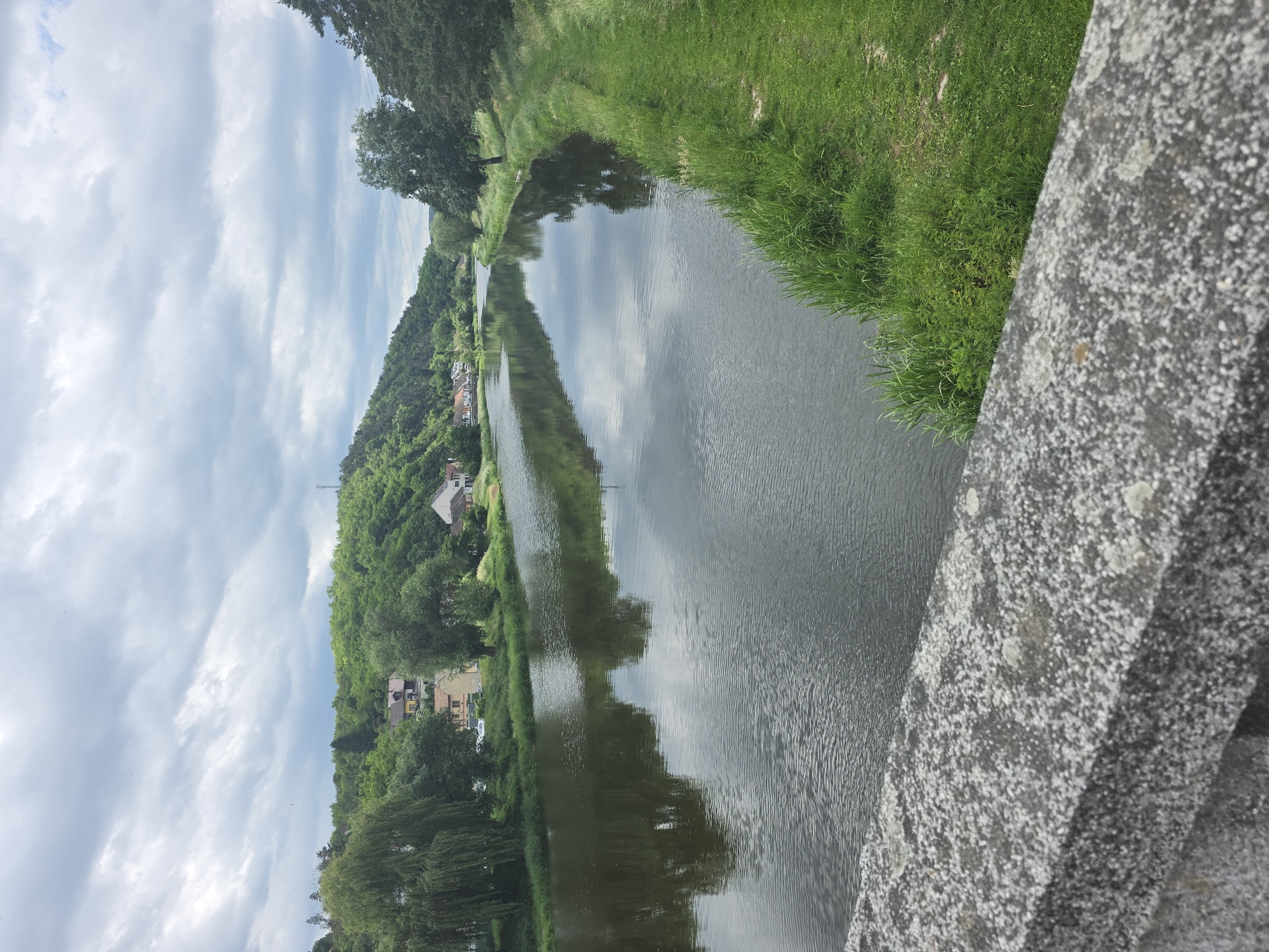 The image depicts a view of a body of water, likely a river or canal, as seen from a bridge or elevated position. The water reflects the cloudy sky above. The right bank of the water is lined with green grass and vegetation. On the opposite side, there is a hillside covered with trees, with houses and buildings interspersed among the greenery. A stone or concrete structure, presumably part of the bridge or the elevated vantage point, is visible in the foreground.
