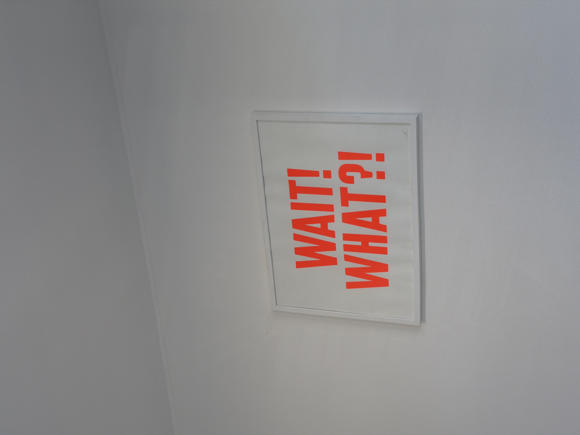 The image shows a framed print on a textured, light gray wall. The print has a white background with the words "WAIT! WHAT?!" in vertically stacked, orange block letters. The frame is thin and white. The scene appears to be indoors, possibly an office or home. The image does not provide enough information to determine the exact location in Esch-sur-Alzette, Luxembourg. There are no people or interactions visible in the image.