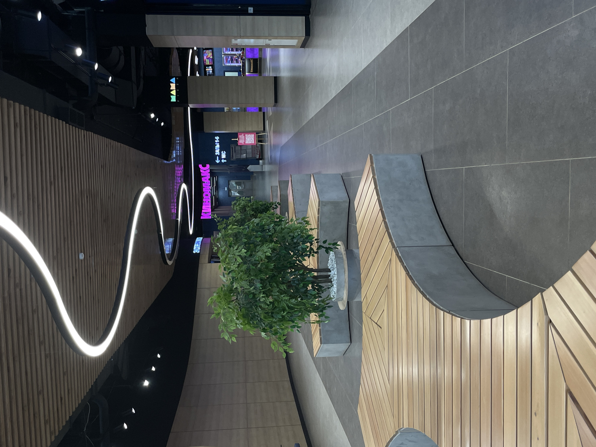 The image shows an interior view of a commercial space, likely a shopping mall, in Izhevsk, Russia. The location is identifiable by the "КИНОМАКС" (KINOMAX) sign on the left. The floor is tiled in large gray slabs. Wooden benches are arranged in a curved pattern with integrated planters containing small trees. A long, curved light fixture is mounted on the wall above. Several businesses are visible in the background. No people are visible in the image.