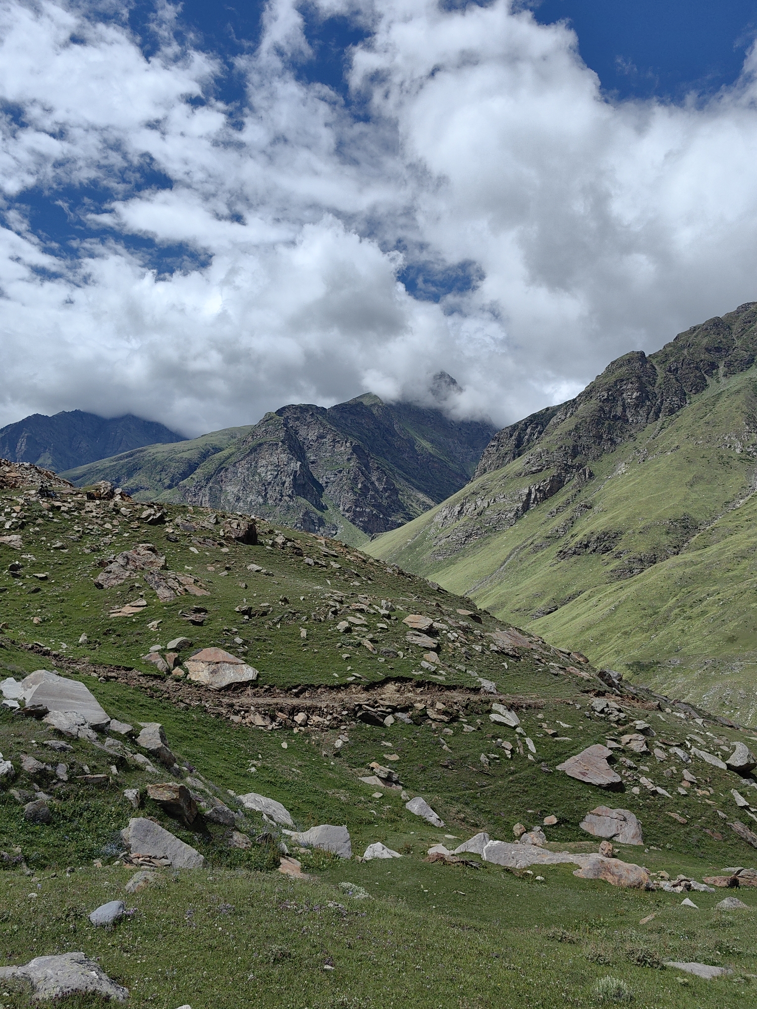 The image depicts a mountainous landscape in Gramphu, India, under a partly cloudy sky. The foreground is a grassy slope strewn with numerous large rocks of varying sizes and colors, predominantly gray and reddish-brown. Some smaller rocks and patches of green vegetation are scattered throughout. A narrow, unpaved path or track winds across the mid-ground of this slope, marked by disturbed earth and more rocks.
Behind the foreground slope, steep, verdant mountain ranges rise. These mountains are covered in lush green grass, with visible rocky outcrops and crevices on their surfaces. The slopes are steep and rugged, indicating a high-altitude terrain. Further in the background, more distant mountain peaks are visible, some of which are partially obscured by swirling white and gray clouds that hang low over them, suggesting atmospheric conditions characteristic of mountainous regions. The sky above is a vibrant blue, interspersed with dramatic white clouds. The overall scene conveys a sense of natural grandeur and rugged beauty of the Indian Himalayas. There are no people or animals visible in the image.