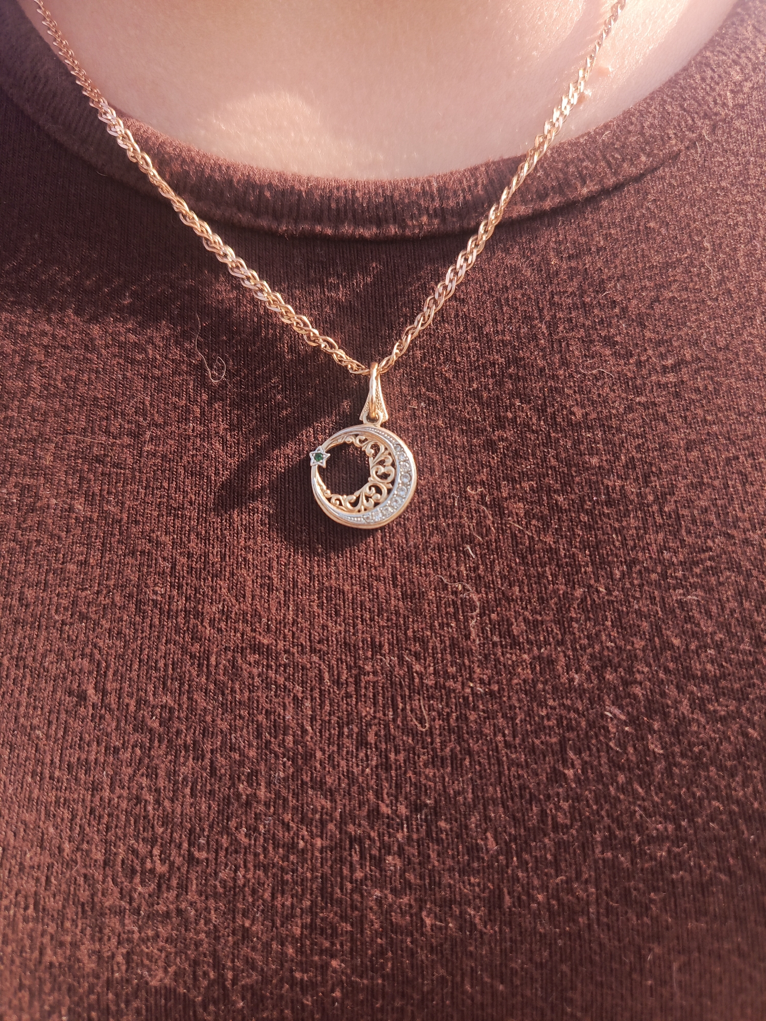 A close-up shot displays a person wearing a brown t-shirt and a delicate gold necklace. The necklace features a crescent moon pendant adorned with what appears to be small diamonds or crystals, with a tiny star embellishment. The photo is taken outdoors, presumably in daylight, casting a warm glow on the skin and necklace. The background is blurred, keeping the focus solely on the jewelry and the person wearing it. The location is not identifiable from the image.