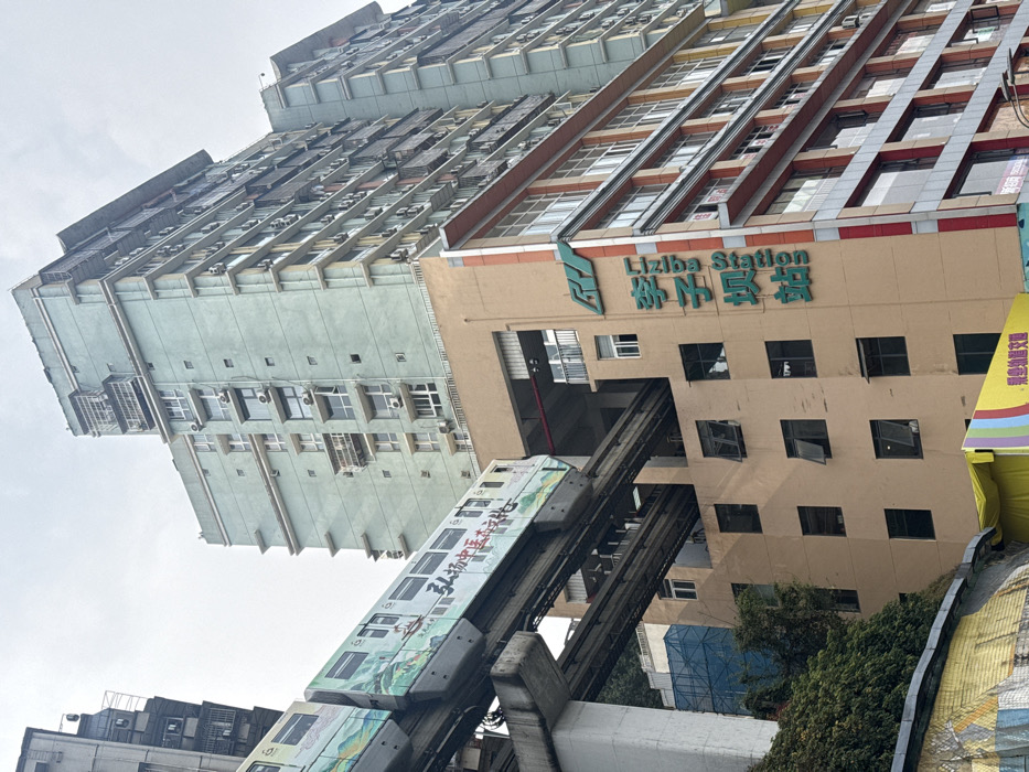 The image depicts the Liziba monorail station in Yuzhong District, Chongqing, China, under an overcast sky. An elevated monorail train, featuring a white and light-green livery adorned with landscape art and Chinese characters translating to "Promote Traditional Chinese Medicine Culture," is shown passing directly through an opening on the fifth floor of a multi-story, light-brown building. This building is identified by prominent green "Liziba Station" signage in both English and Chinese characters. Its facade displays numerous dark-paned windows, some of which are open. Behind and to the right, a taller residential building with a light blue-green exterior is visible, characterized by multiple windows and numerous external air conditioning units. Another dark-colored building is partially visible on the far left. Green foliage covers a sloped area in the lower left foreground, above a partially visible yellow structure. No individuals are discernible in the scene.