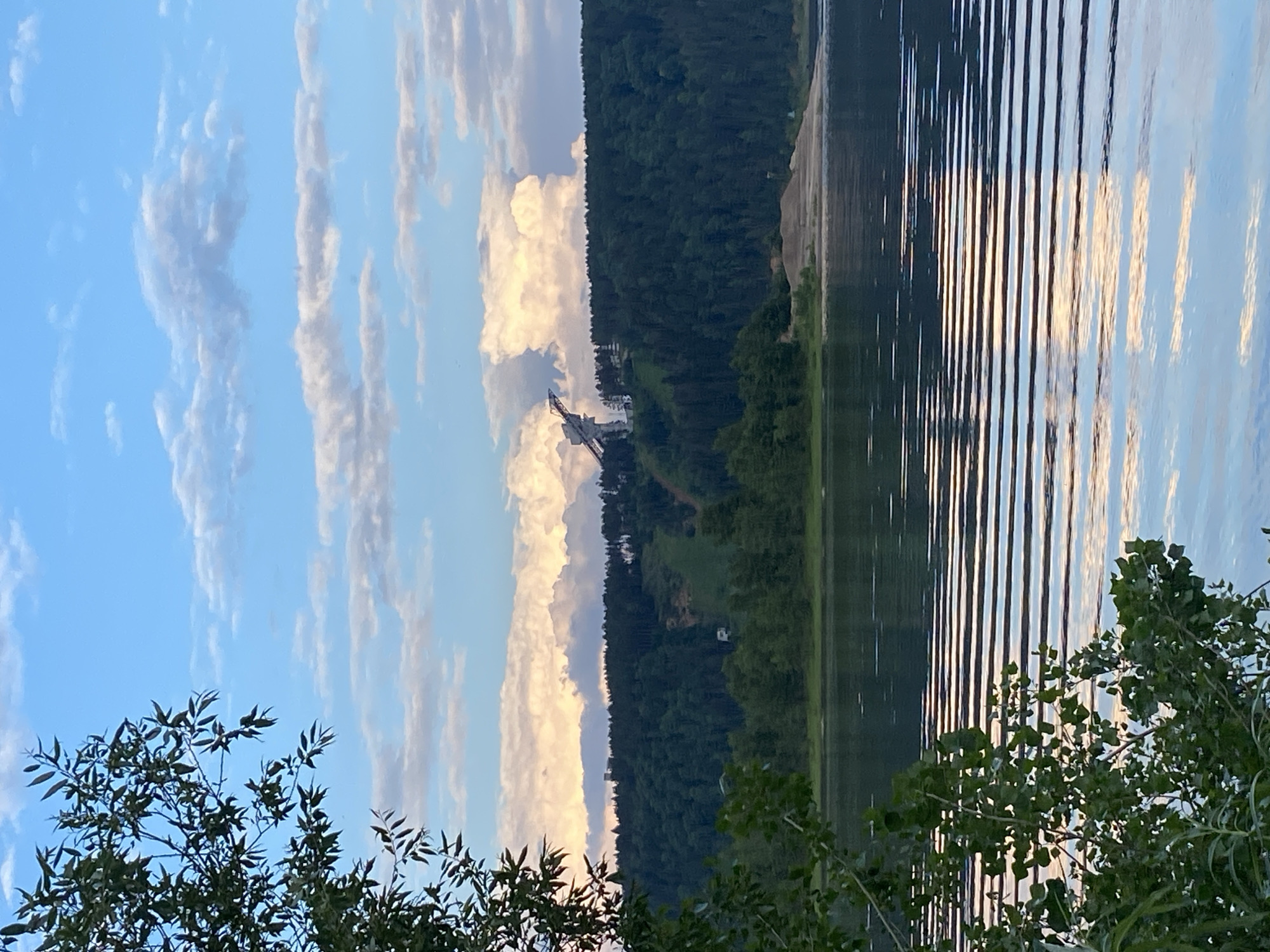 The image depicts a landscape scene of the Volga River near Noviy, Russia. In the foreground, foliage from trees partially obscures the view on the left side of the frame. The middle ground features the calm surface of the river, reflecting the sky and surrounding landscape. The far bank of the river is lined with a dense forest of green trees. Above the forest, on a clearing on the hillside, is a prominent ski jump structure, with its ramps and support towers clearly visible. The sky above is a mix of blue with scattered white and pinkish clouds, suggesting either sunrise or sunset. The overall impression is one of a serene natural environment with a man-made recreational structure integrated into the landscape.