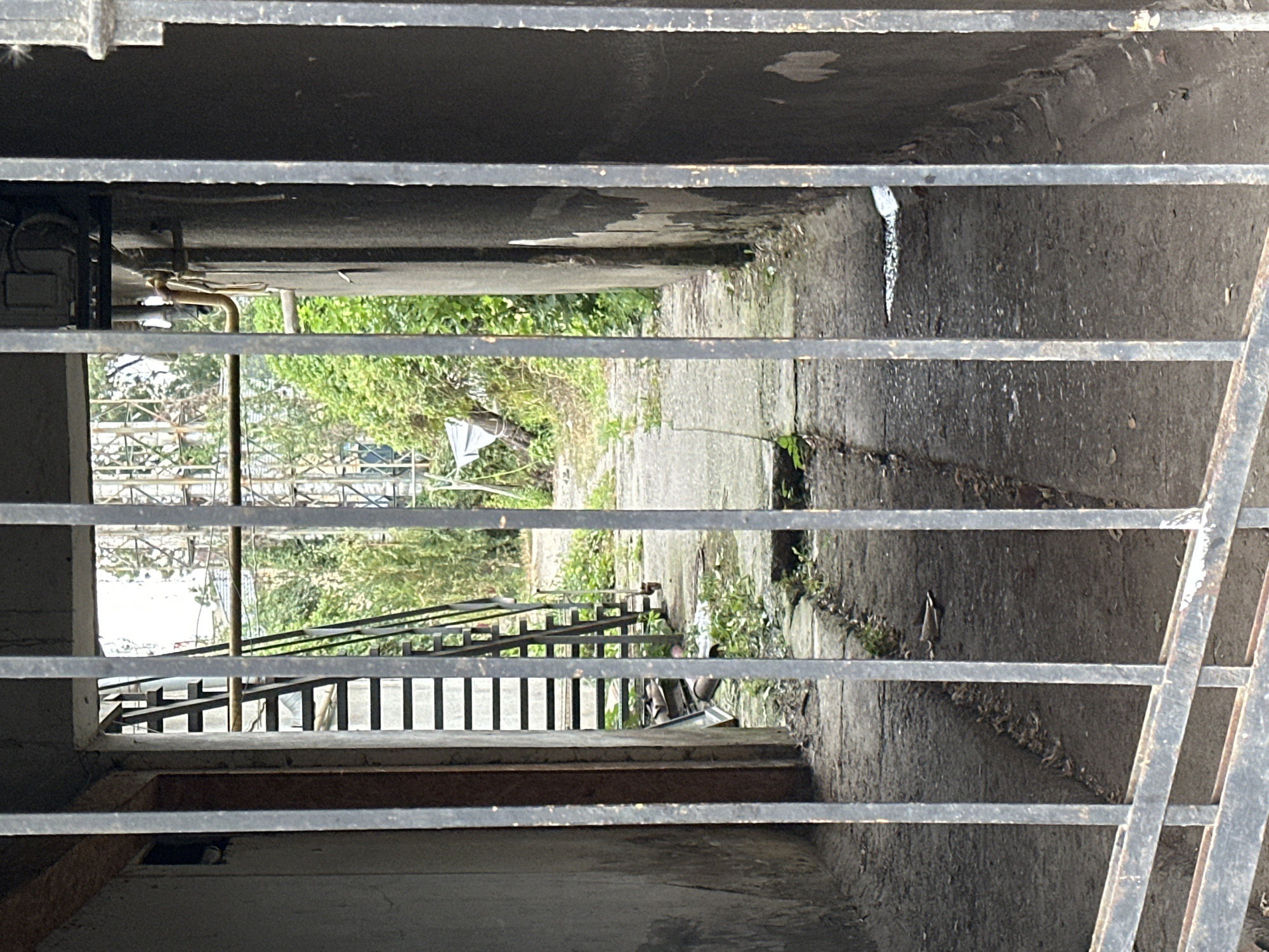 The image shows a narrow alleyway with a concrete path, flanked by concrete walls. In the background, there is an outdoor metal staircase leading upwards, and beyond that, overgrown vegetation and industrial-looking structures. The foreground is dominated by a metal grate or fence. The lighting suggests it is daytime, possibly overcast. The scene appears to be an outdoor service or access area, potentially in an urban environment. Specific location in Uzhhorod, Ukraine, is not determinable from the image alone.