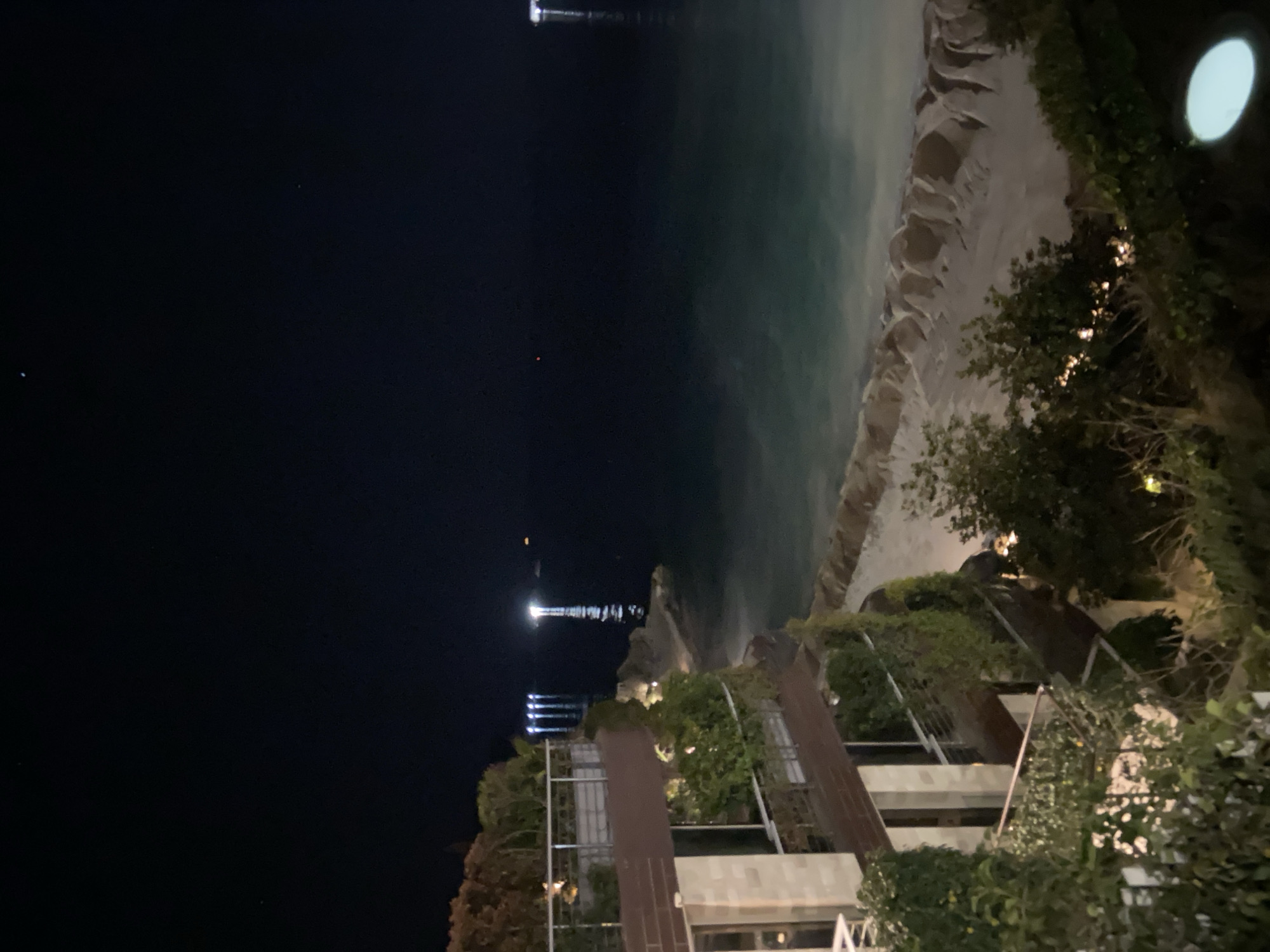 The image depicts a nighttime coastal scene in Budva, Montenegro, overlooking the Adriatic Sea.
In the foreground, a multi-story building with a light-toned, possibly stone, facade and dark brown balcony sections is visible on the left. Its balconies feature metal railings and are partially obscured by lush green climbing foliage. The immediate lower foreground includes dark green vegetation with an illuminated circular ground light fixture on the bottom right.
Below the building, a light-colored, irregular coastline or beach transitions into the dark, greenish-blue sea, where faint wave action is observed. Rocky formations are present along the coastline near the building's base.
The midground and background consist of the open sea under a dark night sky with minimal cloud cover. Multiple bright white vertical light reflections are visible on the water's surface; four are clustered on the far left, and one prominent reflection is centered right. Faint celestial bodies are discernible in the dark upper sky. No human figures or explicit activities are depicted.
