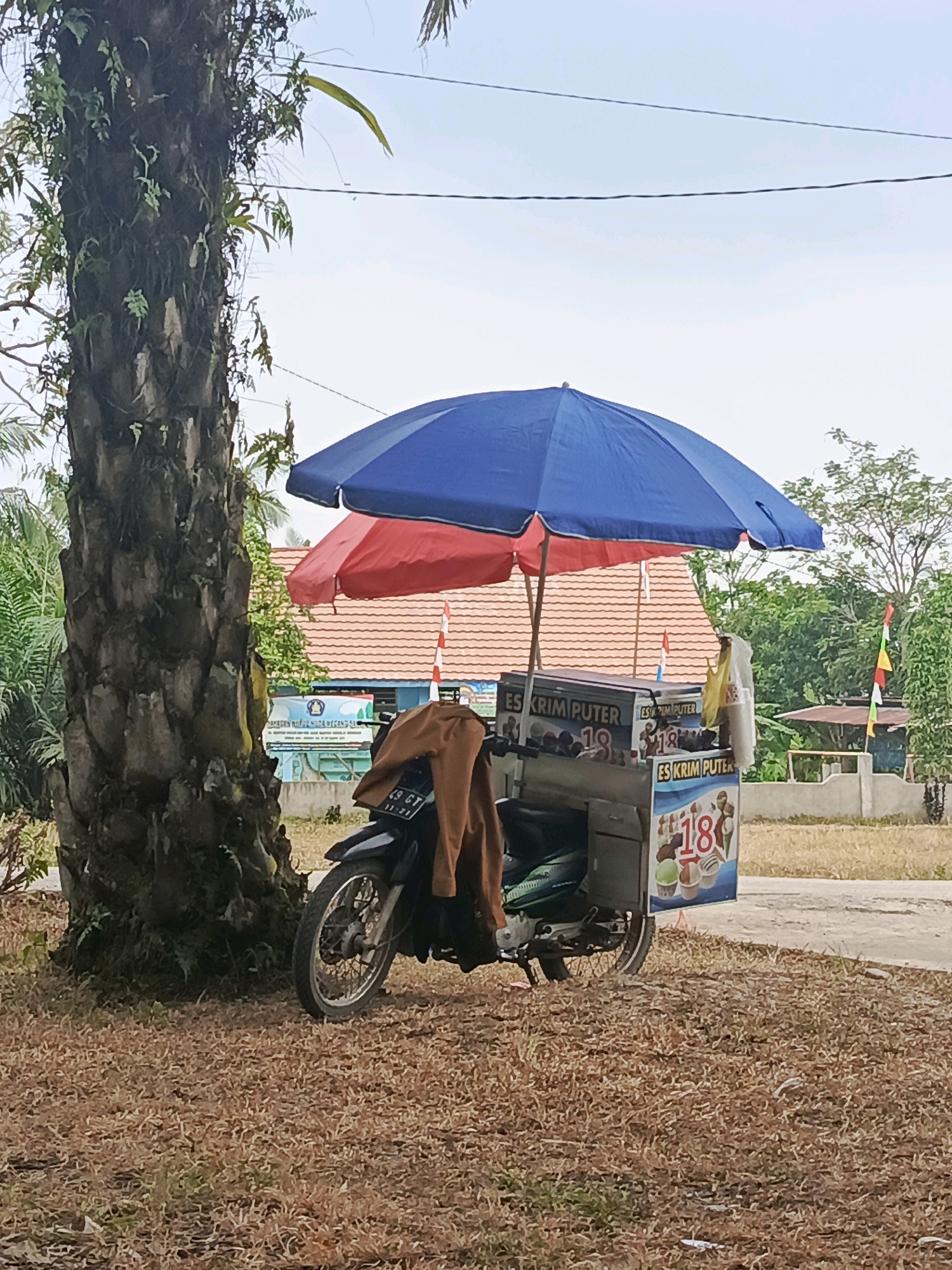 In Megang Sakti V, Indonesia, an ice cream cart is attached to a motorcycle. The cart is covered by a blue and red umbrella. The motorcycle has a brown jacket draped over its seat and has a license plate reading "49 GT 11-21". The cart has images of ice cream cones and the number "18" on its side. The scene is set in a grassy, outdoor area with a large tree trunk on the left. In the background, there is a building with a red-tiled roof and a fence. Flags are visible on poles in the distance. The sky is overcast.