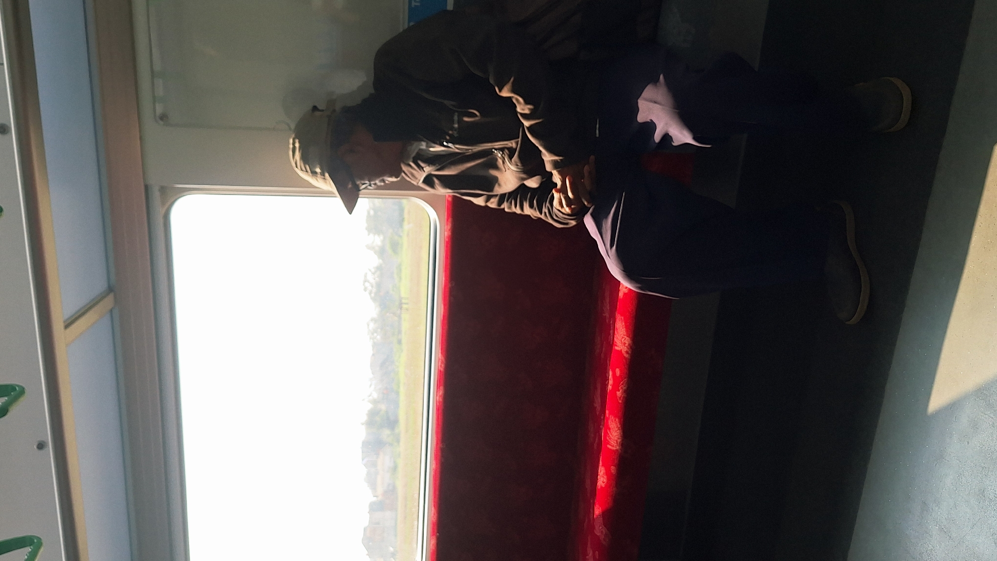 A person is sitting on a red upholstered seat inside a train. The person is wearing a brown jacket, dark pants, a cap, and glasses, and is looking out the window at a blurry landscape. The train is moving, as indicated by the light and shadow patterns on the floor and the blurred background. The overall lighting is bright and natural. The location appears to be a train in Telagamurni, Indonesia.