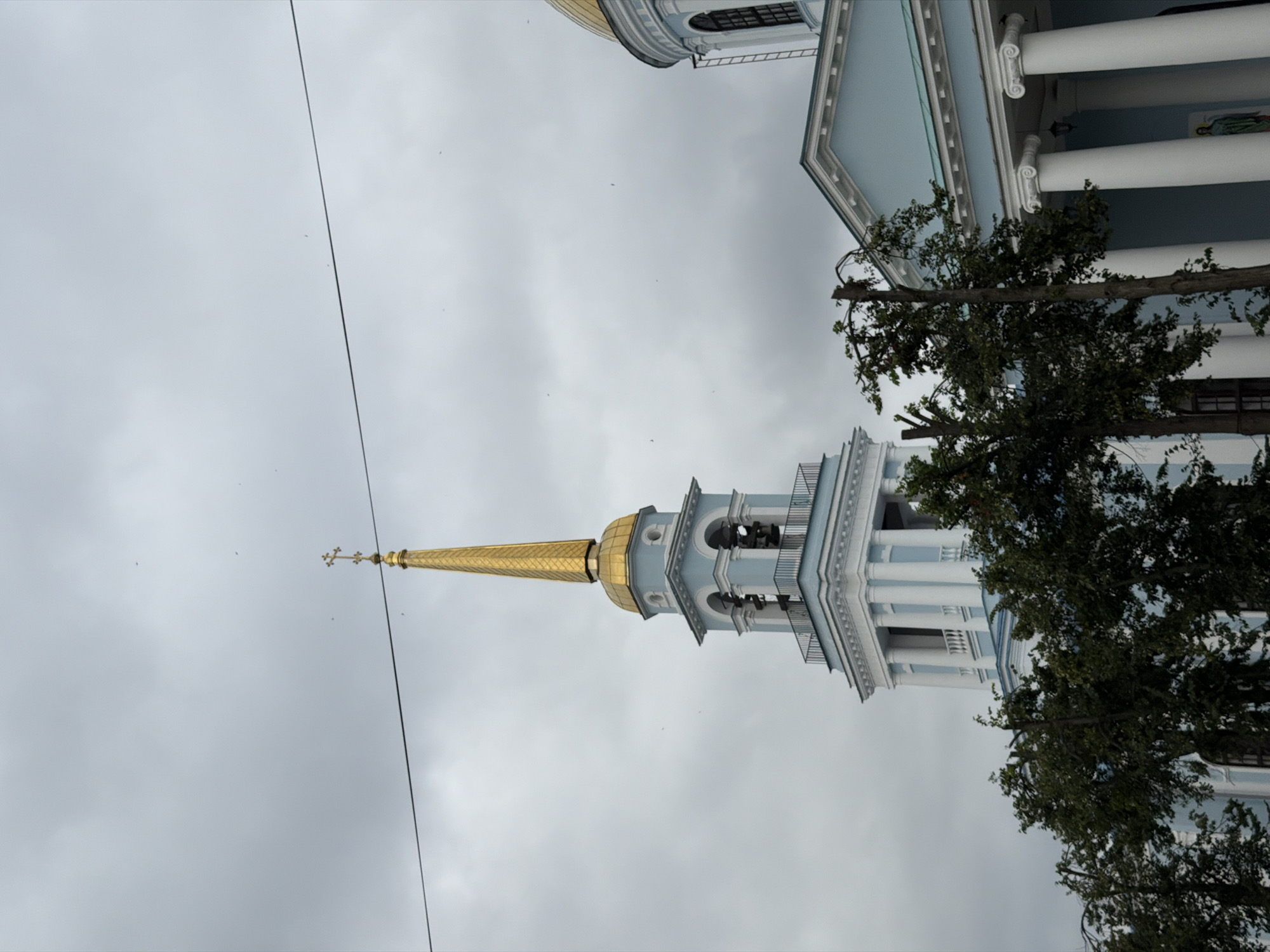 The image shows a view of the Resurrection Cathedral in Votkinsk, Russia. The cathedral features a tall, slender blue bell tower topped with a golden spire and cross. Below the spire, there are visible bells within arched openings. The main body of the cathedral is also painted in a light blue hue with white architectural details, including columns and cornices. Several dark green trees with bare branches are in the foreground, partially obscuring the lower parts of the buildings. A thin black wire stretches horizontally across the upper portion of the image, in front of a cloudy, gray sky. The lighting suggests an overcast day.