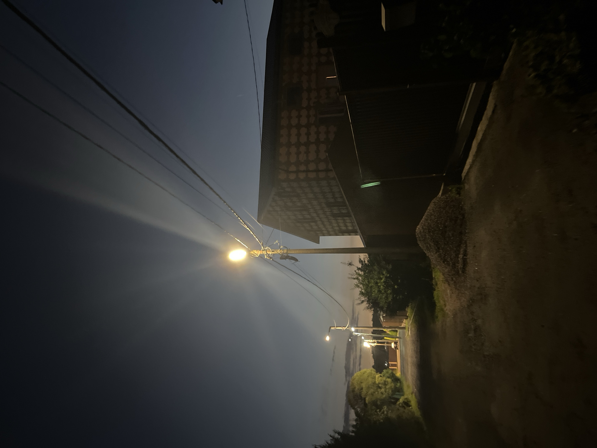 The image depicts a dimly lit street at dusk or night, possibly in a suburban area of Sankt-Peterburg, Russia. The sky is a deep blue, transitioning to lighter tones near the horizon, with faint clouds visible. Overhead, power lines stretch across the frame, supported by a light pole that emits a bright yellow light.
The street itself appears to be unpaved or made of gravel, with patches of grass and dirt. To the right of the street, a dark metal fence runs along the property line, bordering a house. The house is partially visible, with a dark roof and patterned walls. There is a pile of gravel or small stones next to the fence.
Further down the street, more light poles are visible, illuminating the path ahead. Trees and bushes line the left side of the street, creating a slightly overgrown and natural feel. In the distance, a white car is parked on the side of the road, its headlights off. The overall atmosphere is quiet and still, suggesting a residential neighborhood at the end of the day.