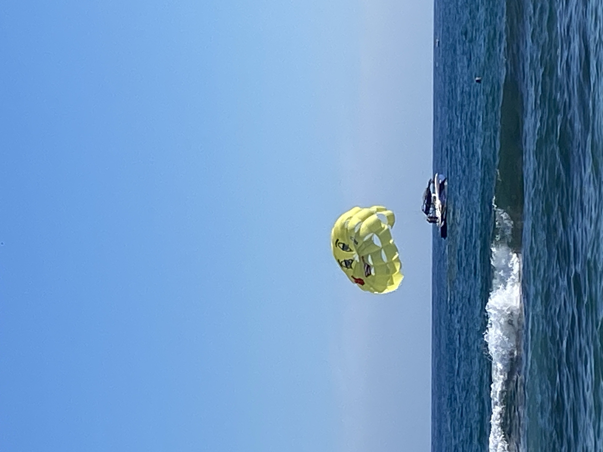 The image depicts a parasailing scene off the coast, likely in Alanya, Turkey, identifiable by its popular parasailing activities. A yellow parasail is inflated and airborne against a clear, blue sky. Below the parasail is a speedboat on the water. The sea appears choppy with visible waves. No individuals can be seen in the image.