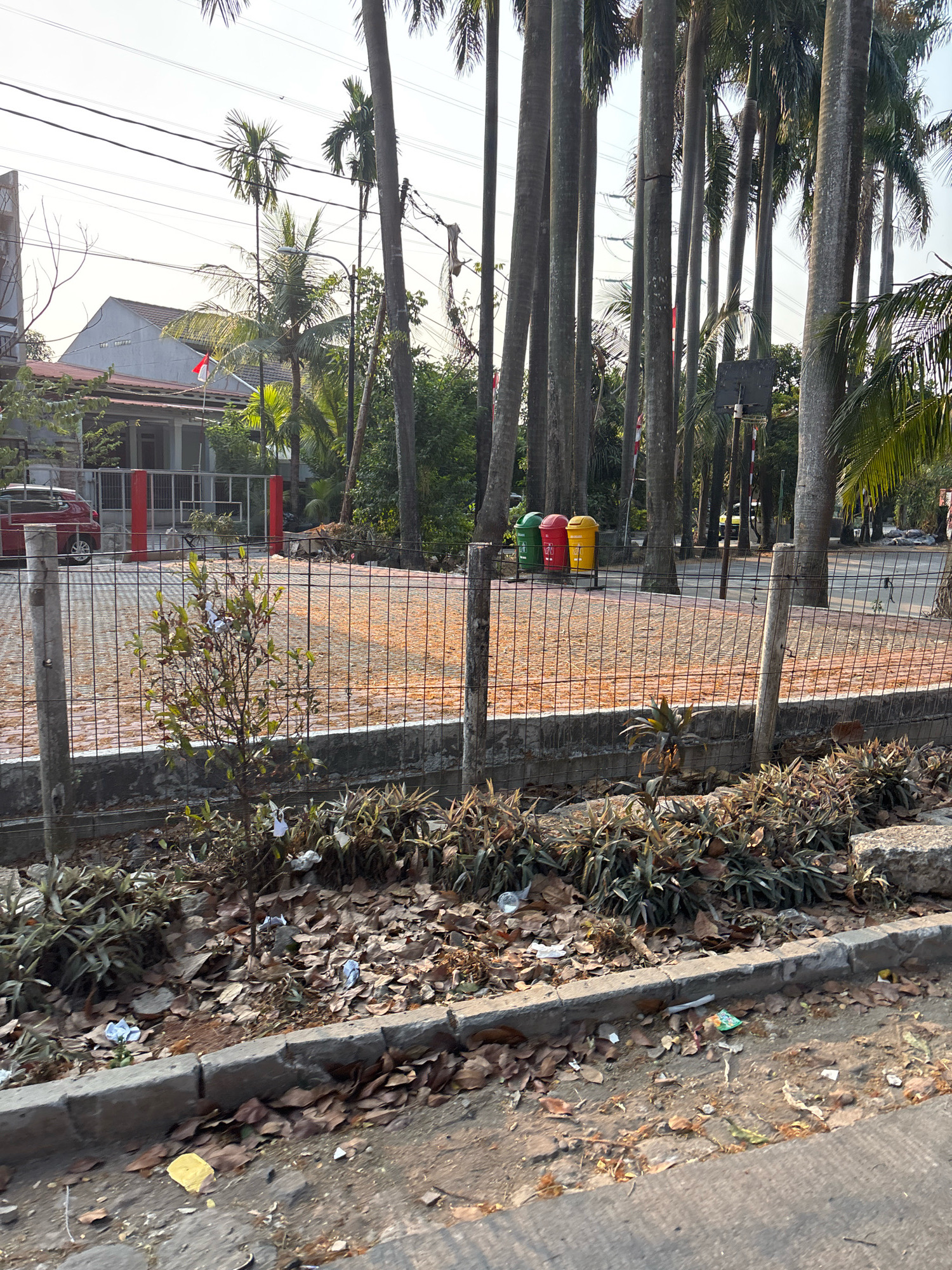 The image depicts a street scene in Bekasi, Indonesia. In the foreground, a dusty roadside area is strewn with fallen leaves and scattered litter, including paper and plastic wrappers. A concrete curb separates the road from a patch of dry vegetation and more leaves. A wire mesh fence runs along the edge of a paved area behind the vegetation, with concrete posts supporting it. Beyond the fence, several tall palm trees dominate the view, their trunks creating a vertical visual element. In the middle ground, three brightly colored trash bins – red, yellow, and green – are lined up near the base of the palm trees. A red car is parked on the paved area behind the fence, and a building with a red-and-white Indonesian flag flying is visible in the background, partially obscured by trees. Overhead, power lines crisscross the sky, indicating an urban or semi-urban setting. The overall impression is one of an outdoor public space, possibly a street or park entrance, with elements of nature and urban infrastructure.