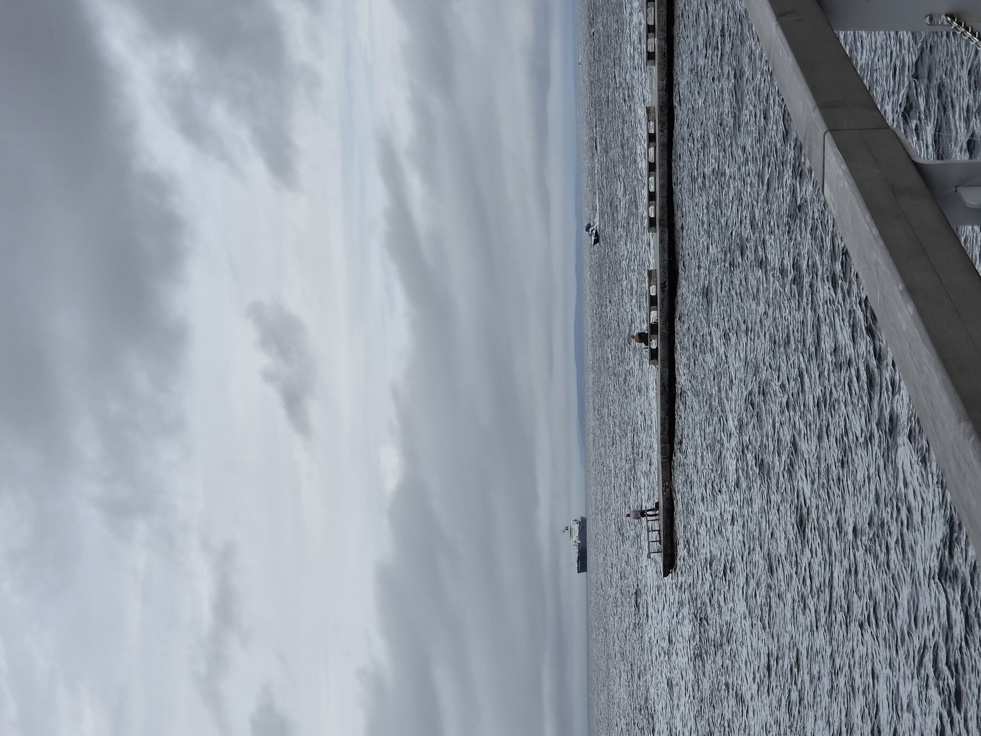 The image depicts a scene on the sea, likely in the city of Vladivostok, Russia, given the presence of a large cargo ship on the horizon. The sky is overcast with gray clouds, suggesting a cool, possibly damp day. The water is choppy, with small waves rolling across its surface.
In the foreground, a concrete pier extends into the water. On the pier, there are several benches, some of which are occupied by people. One individual is standing at the edge of the pier, seemingly engaged in an activity like fishing or observing the sea. Further along the pier, two other individuals are seated on a bench.
In the mid-ground, a small boat is moving across the water. In the background, a large cargo ship is visible on the horizon, navigating the vast expanse of the sea. The distant coastline is faintly visible as a hazy line beneath the clouds. The overall atmosphere is calm and slightly melancholic, typical of a cloudy day by the sea.