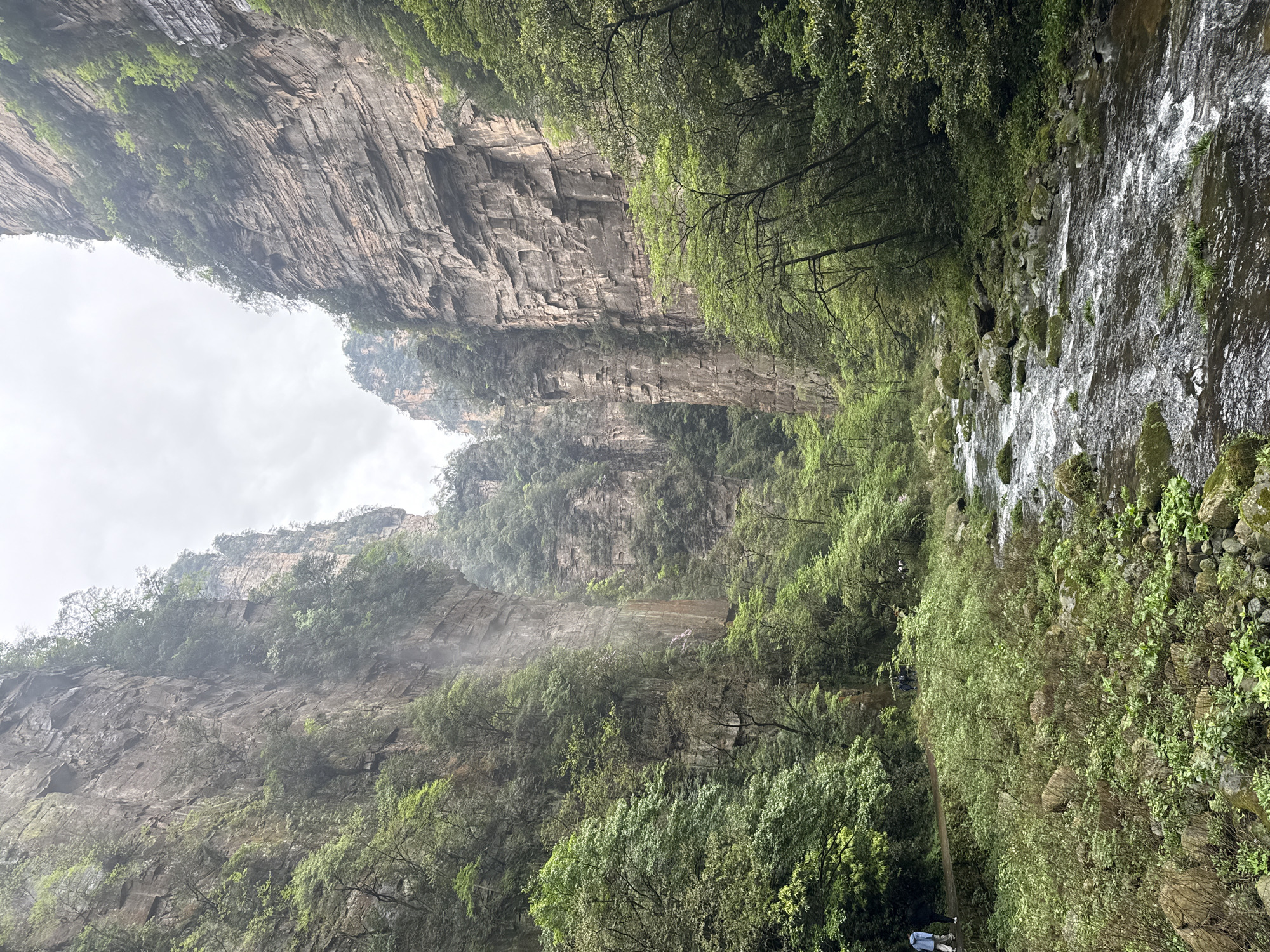 The image presents a view within a canyon. Towering, layered rock formations ascend to the left. Lush, green foliage covers the canyon walls and is also visible on the right side of the image along what appears to be a stream or river. The sky above is overcast. Near the bottom of the image, figures of people are visible along a path. The location is in an unknown place.