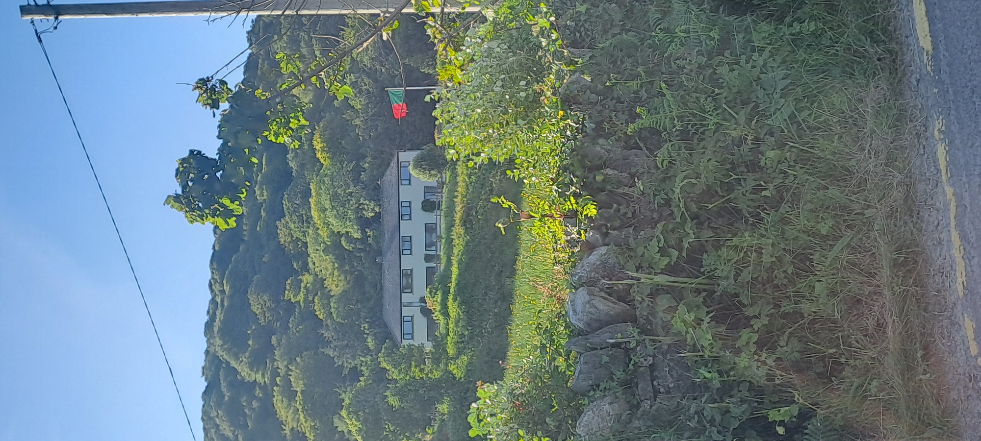 The image shows a landscape scene with a white, modern-style house nestled on a lush green hillside. The house has a long, rectangular shape and features multiple windows. A flag, which appears to be red and green vertically divided, flies on a flagpole to the right of the house. The foreground is dominated by a stone wall and abundant greenery, including tall grass and bushes. In the distance, the hillside is densely covered with trees. The sky is clear and blue, with a telephone pole visible on the far right. The image suggests a rural or semi-rural setting in Ireland.