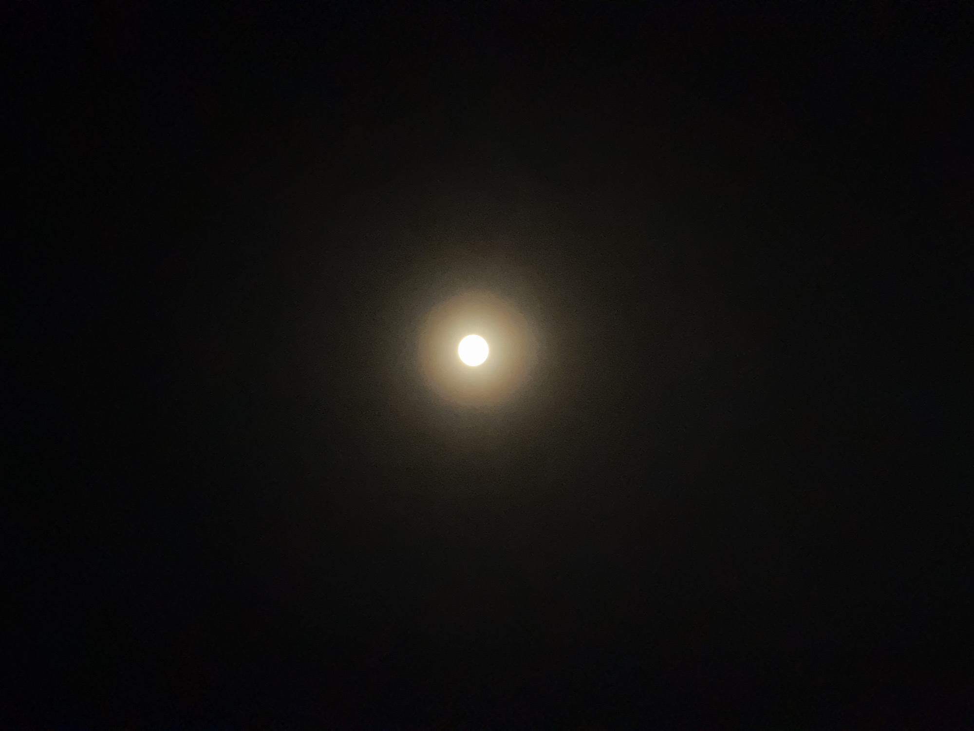 A full moon is centered in a dark, featureless sky. The moon is surrounded by a slight halo effect. There is no evidence of any people, subjects, objects, actions, or interactions in the image. The environment is dark and indistinct. There is no way to verify that this photo was taken in Nha Trang Ward, Vietnam.