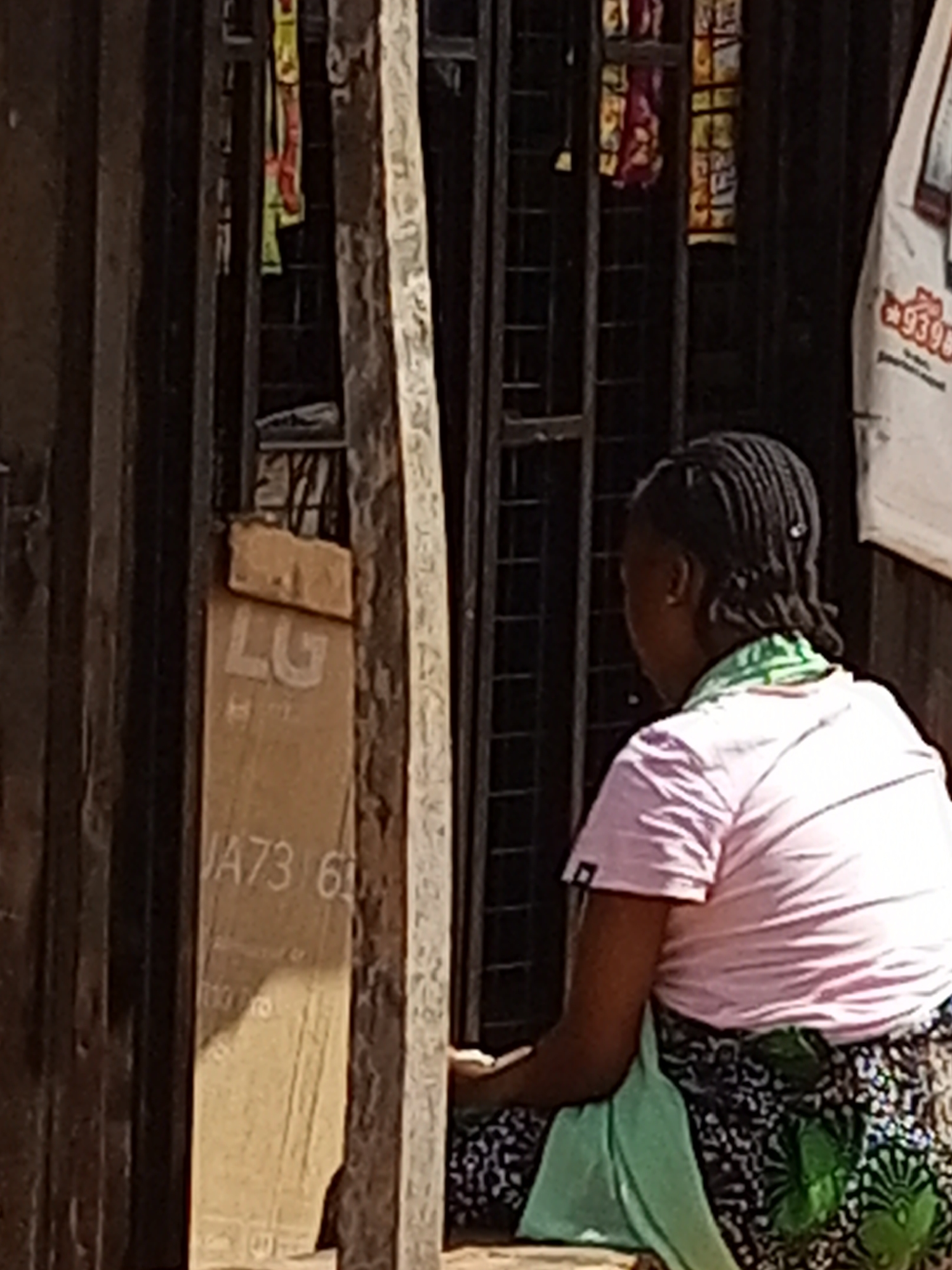 The image shows a woman with braided hair wearing a pink shirt and a patterned skirt sitting outdoors in front of a dark, grilled structure. A light green fabric is draped over her lap and extends onto the ground. To her left, a large cardboard box with the "LG" logo and "VA73 6" printed on it is leaning against the structure. The background appears to be an urban setting in Tempure, Nigeria, with hints of other structures and possibly market stalls. The lighting suggests it is daytime.